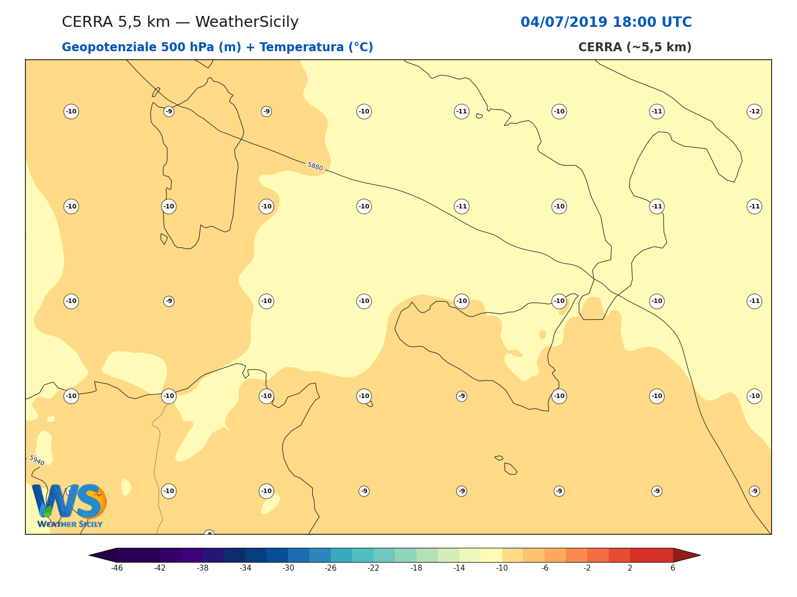 Geopotenziale 500 hPa + Temperatura · 2019070418