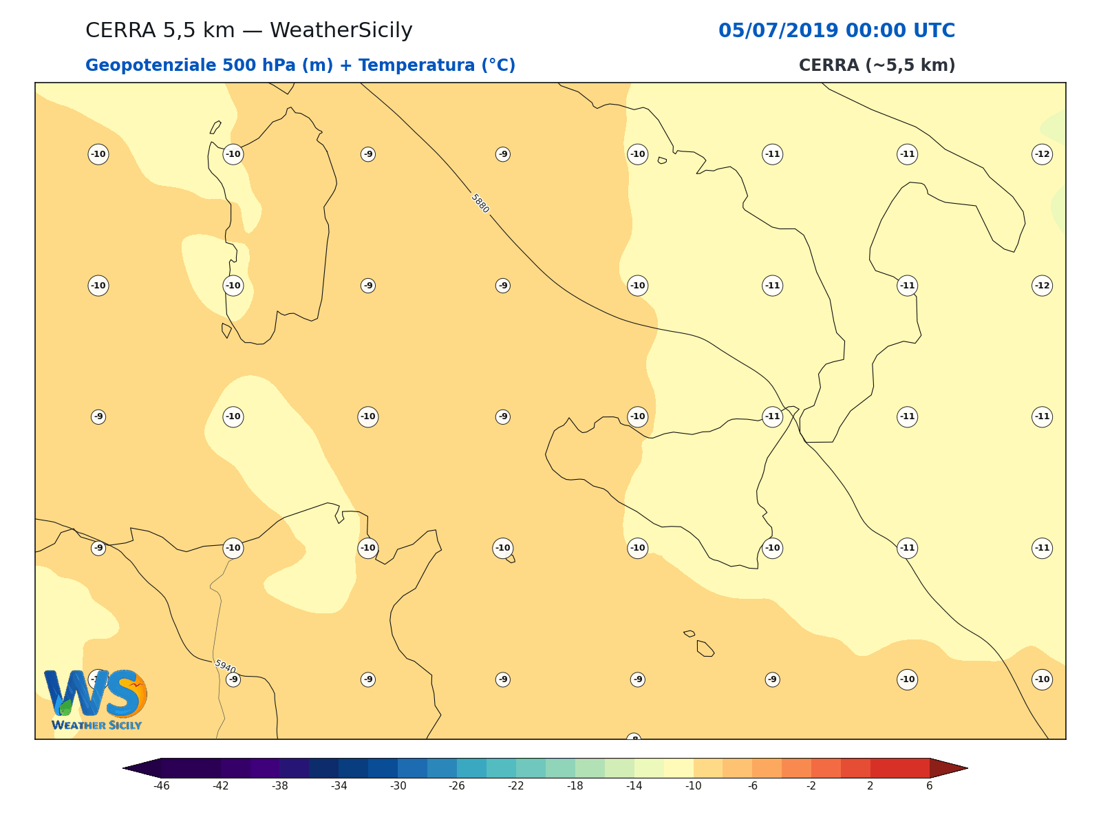 Geopotenziale 500 hPa + Temperatura · 2019070500