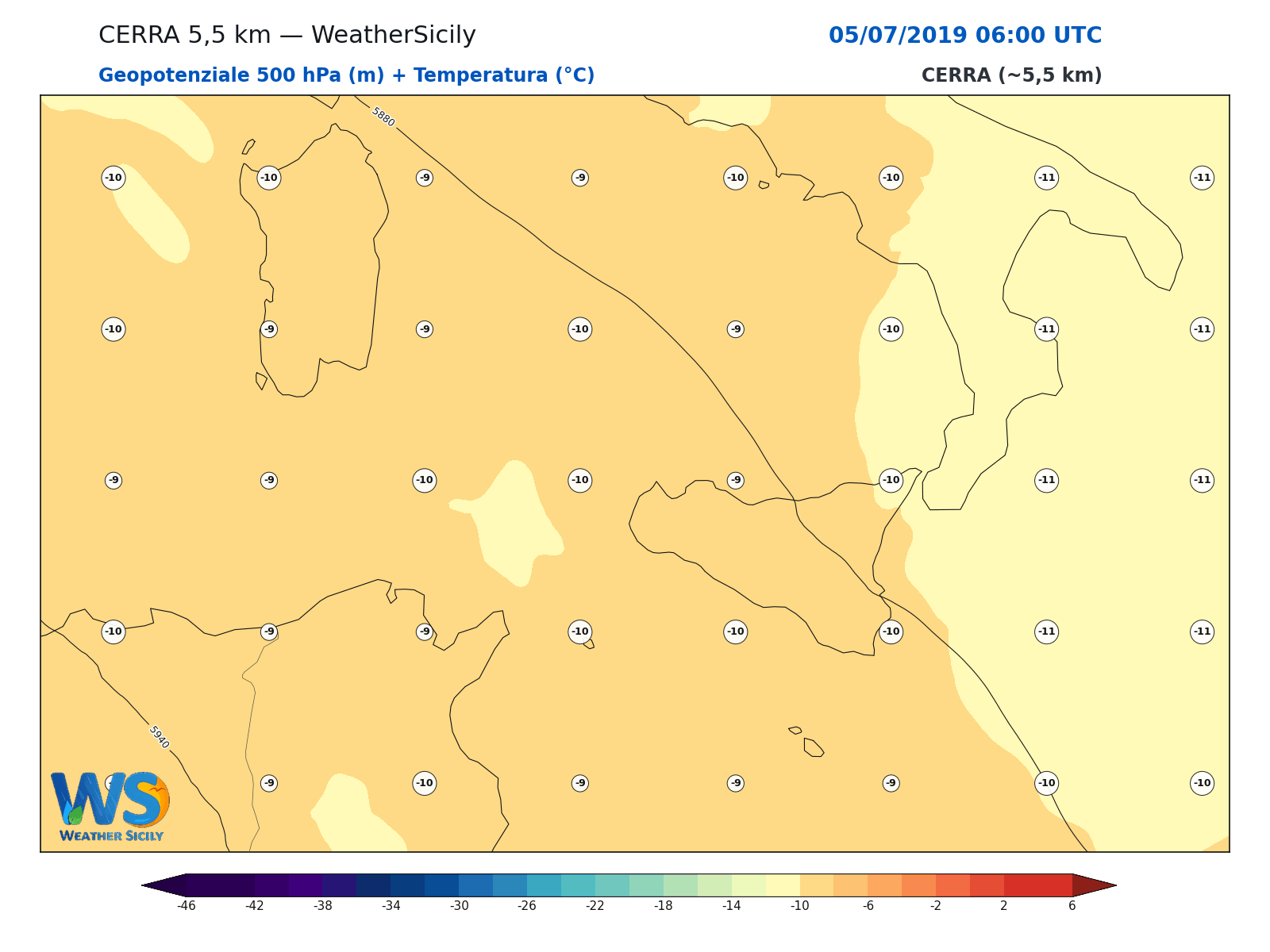 Geopotenziale 500 hPa + Temperatura · 2019070506