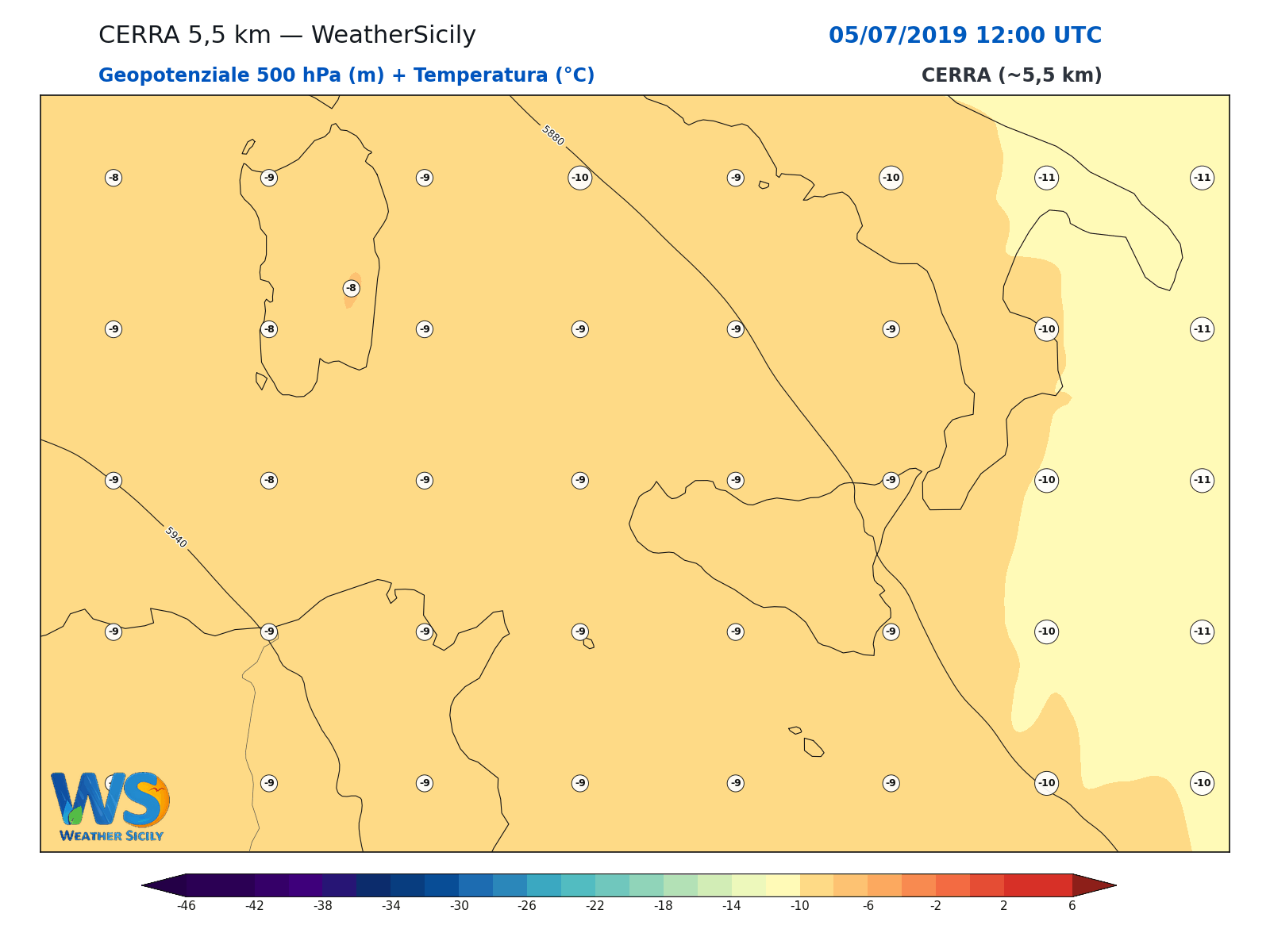 Geopotenziale 500 hPa + Temperatura · 2019070512