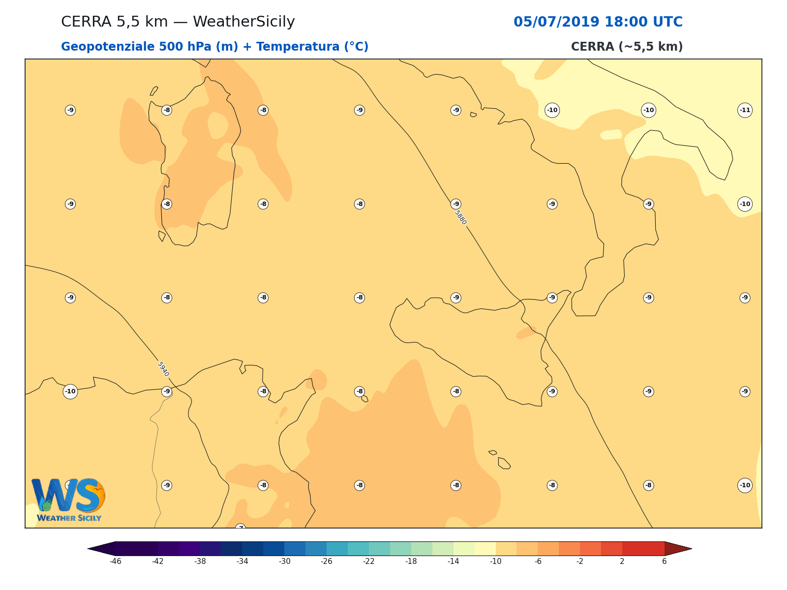 Geopotenziale 500 hPa + Temperatura · 2019070518