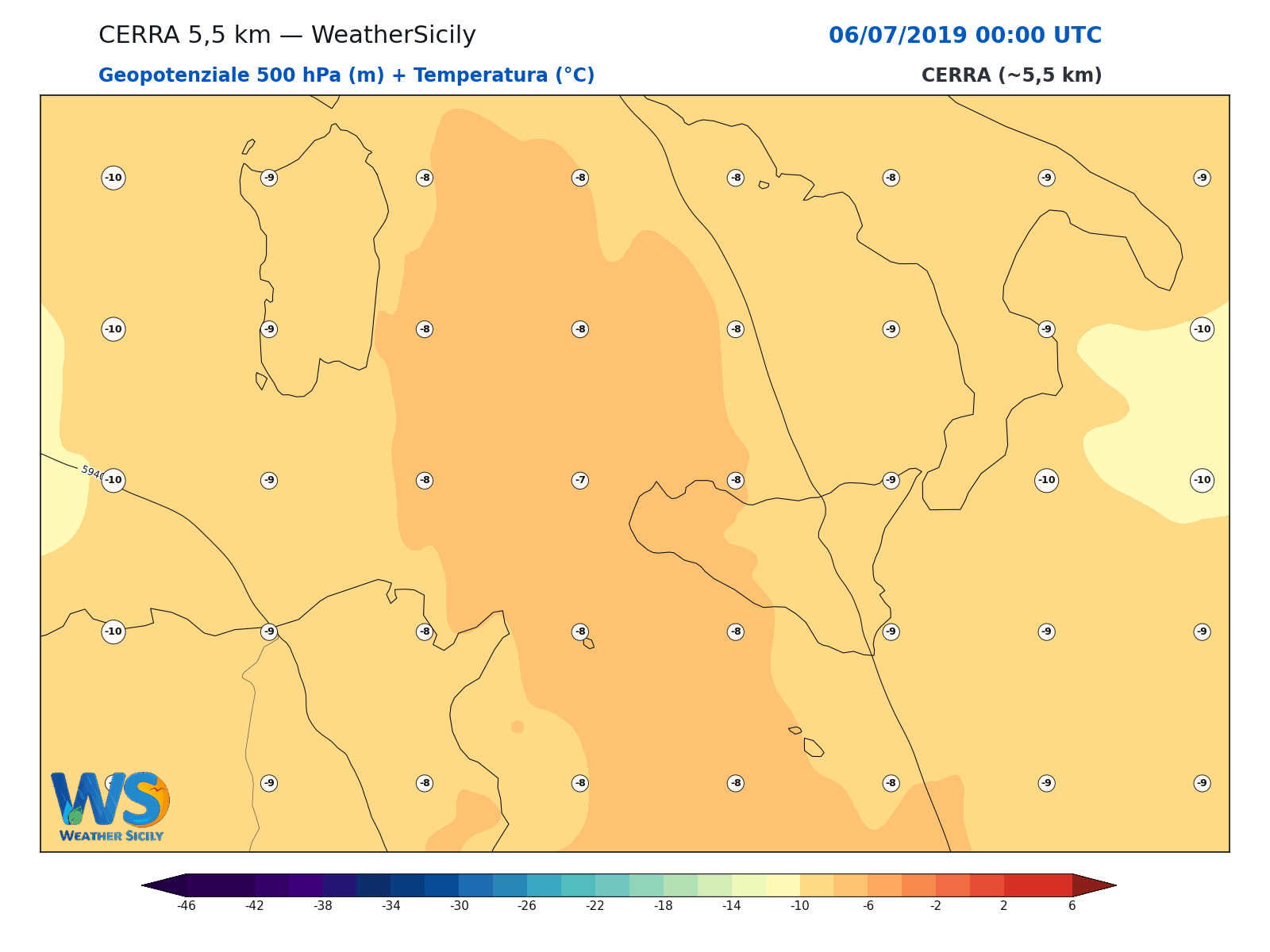 Geopotenziale 500 hPa + Temperatura · 2019070600