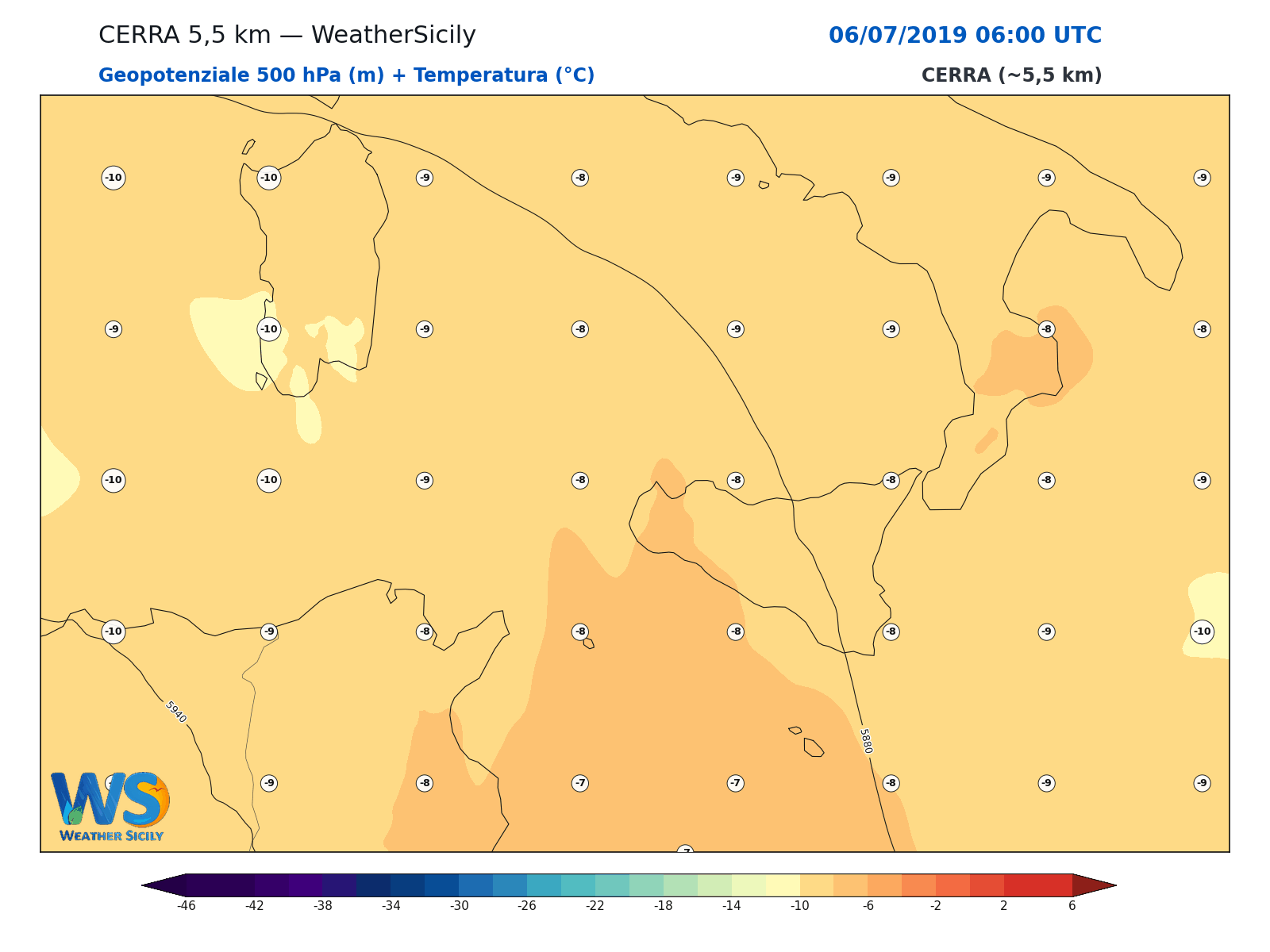 Geopotenziale 500 hPa + Temperatura · 2019070606