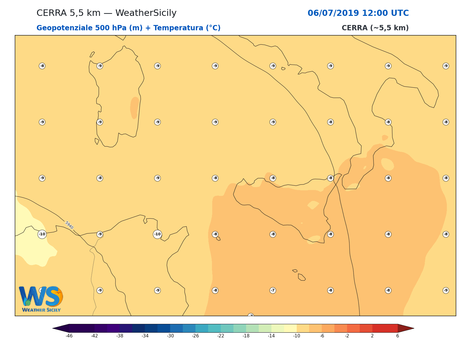 Geopotenziale 500 hPa + Temperatura · 2019070612
