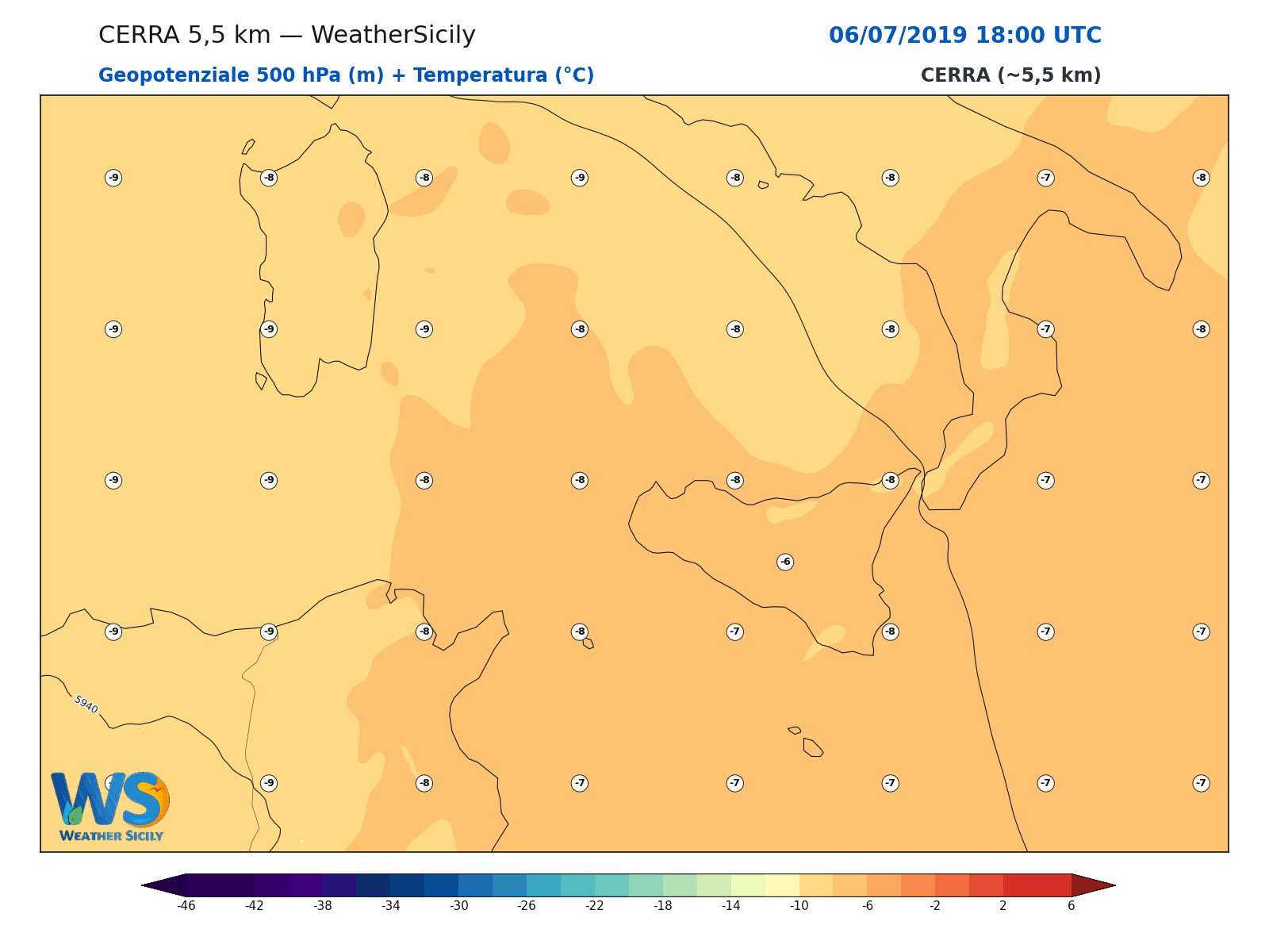 Geopotenziale 500 hPa + Temperatura · 2019070618