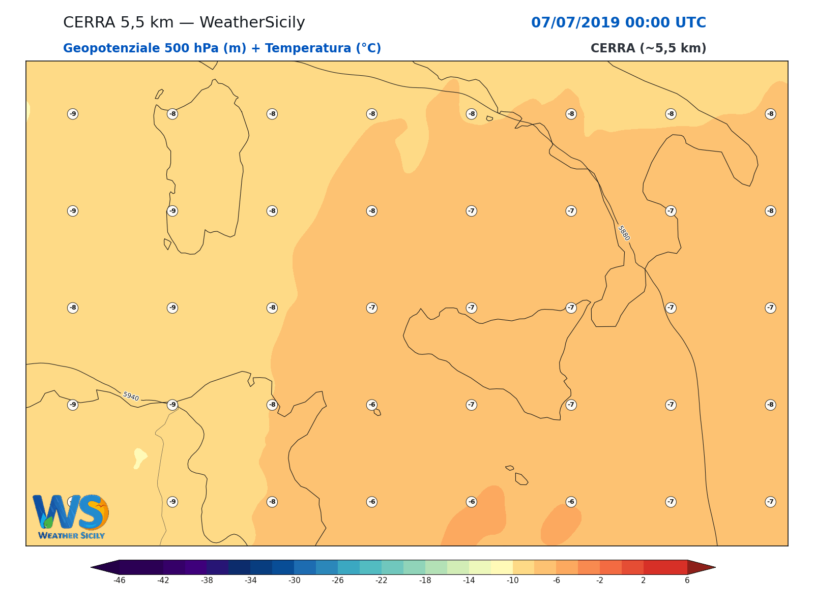 Geopotenziale 500 hPa + Temperatura · 2019070700