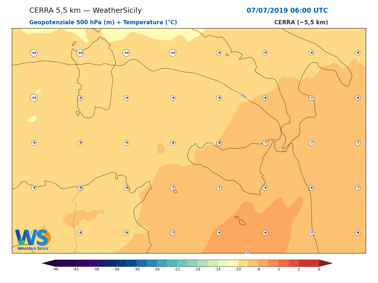 Geopotenziale 500 hPa + Temperatura · 2019070706
