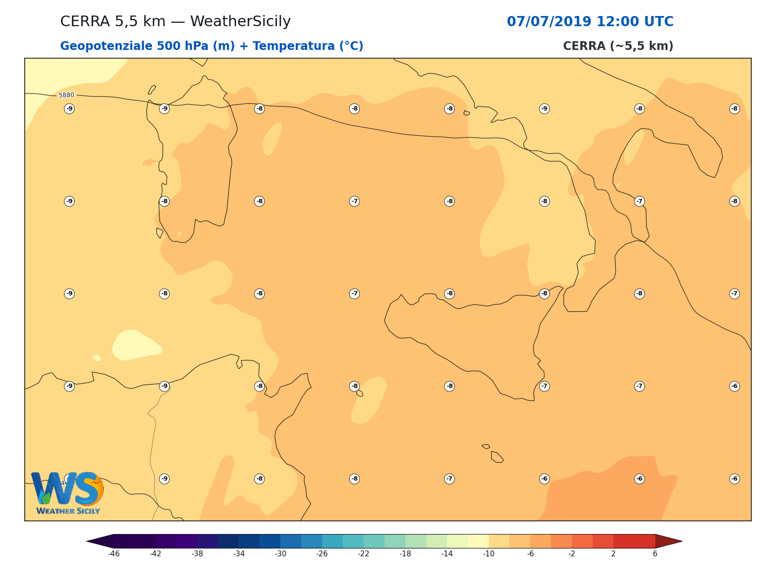 Geopotenziale 500 hPa + Temperatura · 2019070712