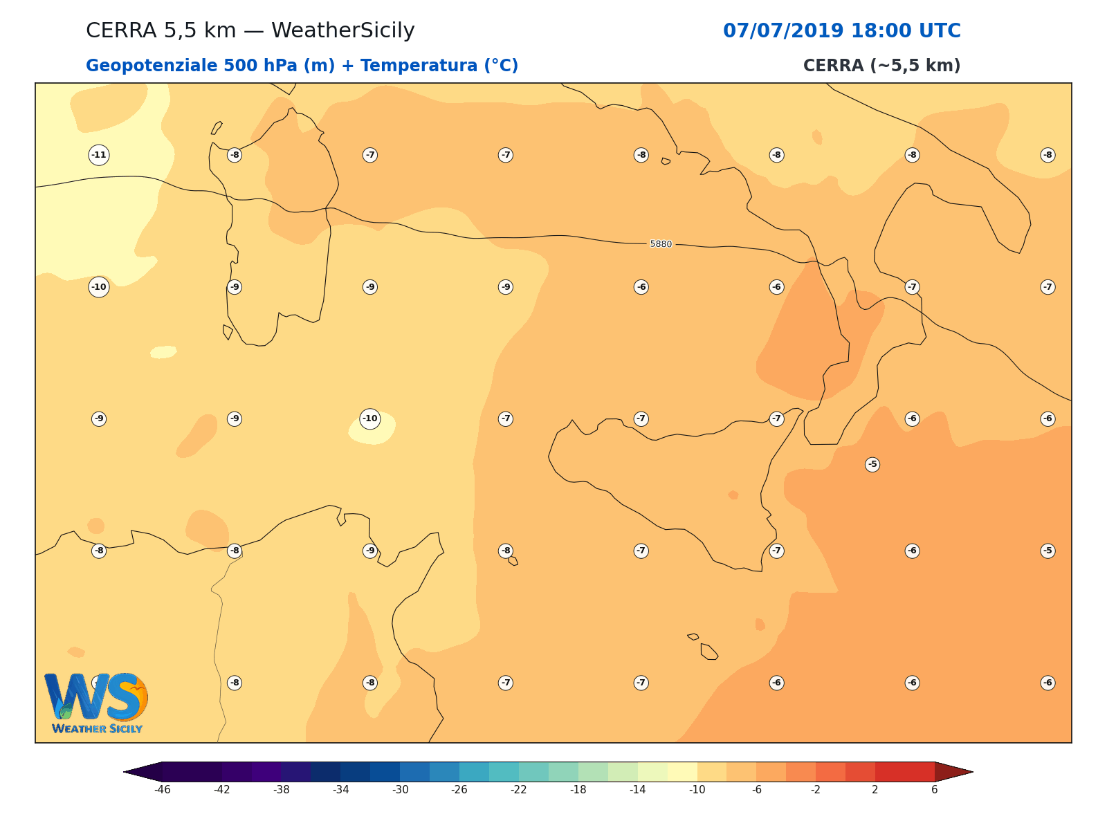 Geopotenziale 500 hPa + Temperatura · 2019070718