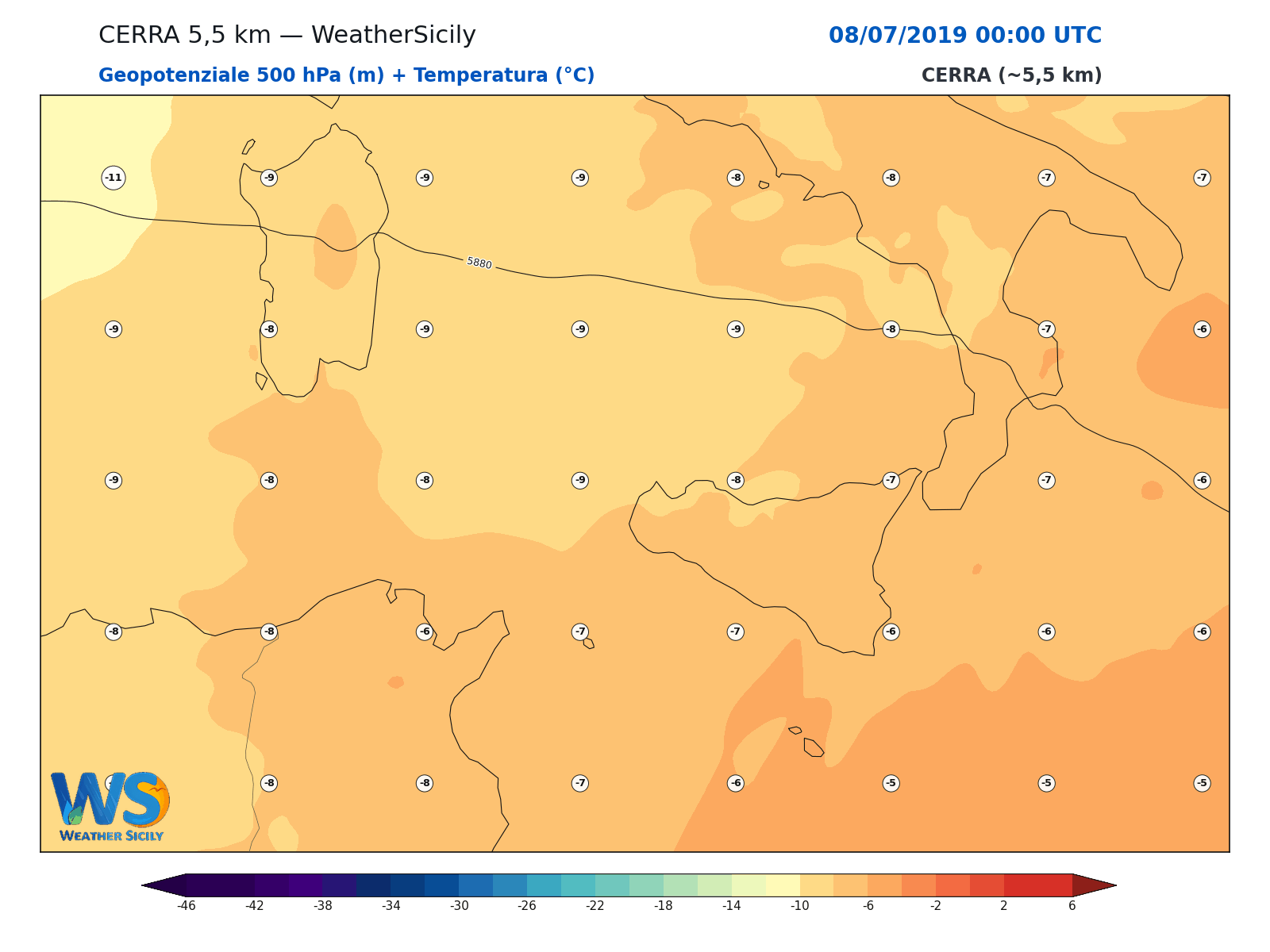 Geopotenziale 500 hPa + Temperatura · 2019070800