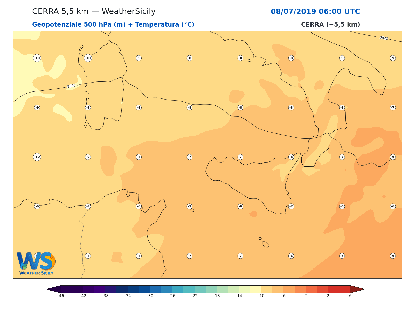 Geopotenziale 500 hPa + Temperatura · 2019070806