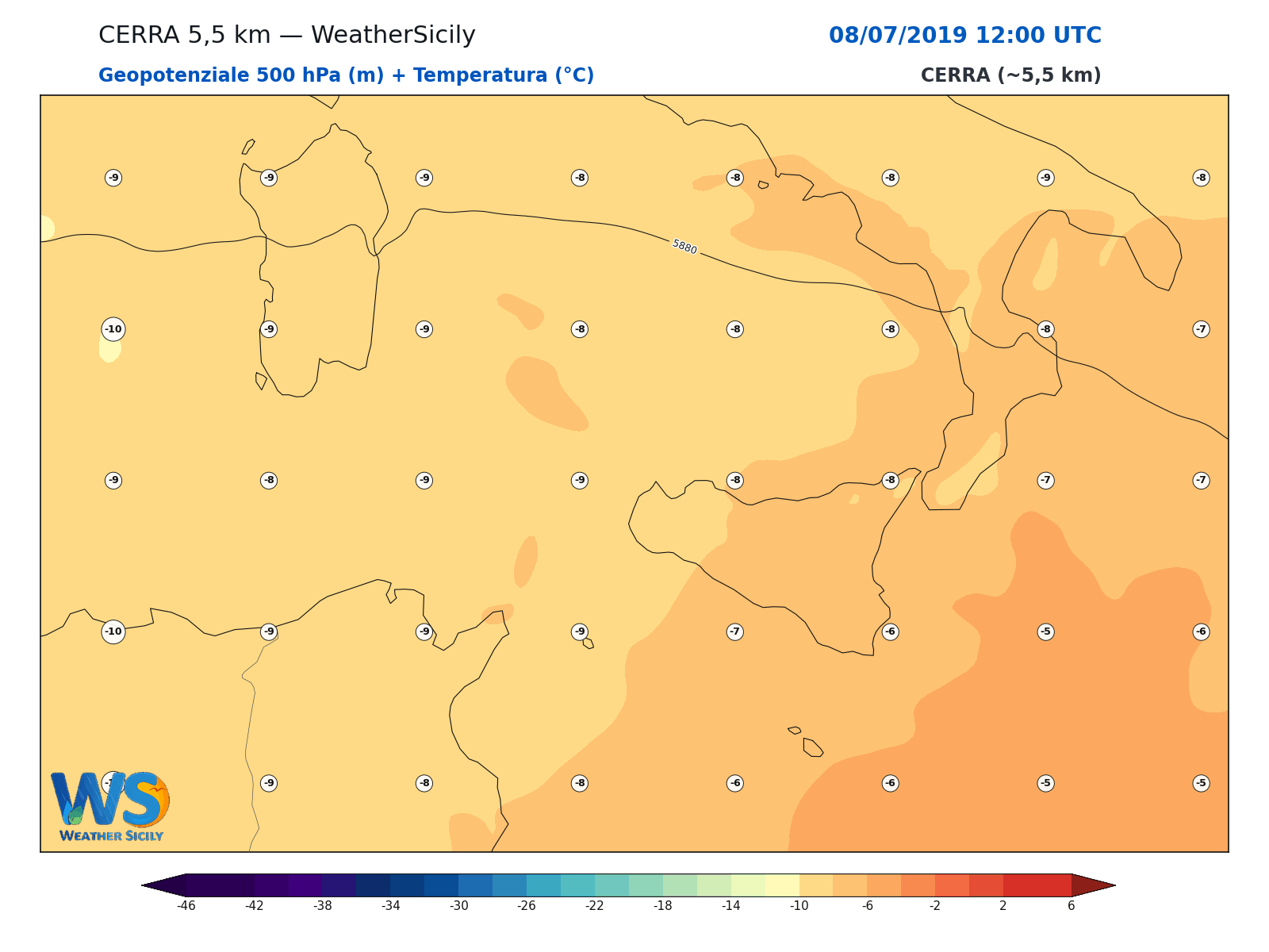 Geopotenziale 500 hPa + Temperatura · 2019070812