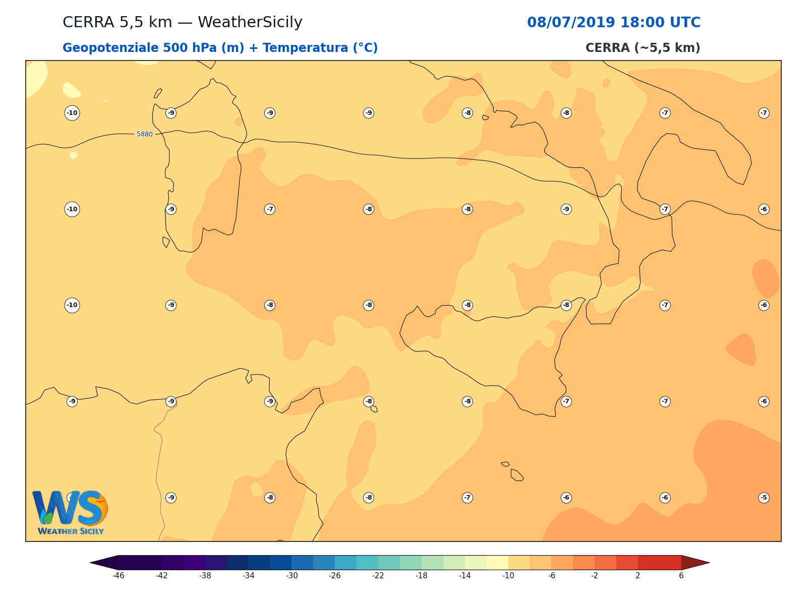 Geopotenziale 500 hPa + Temperatura · 2019070818