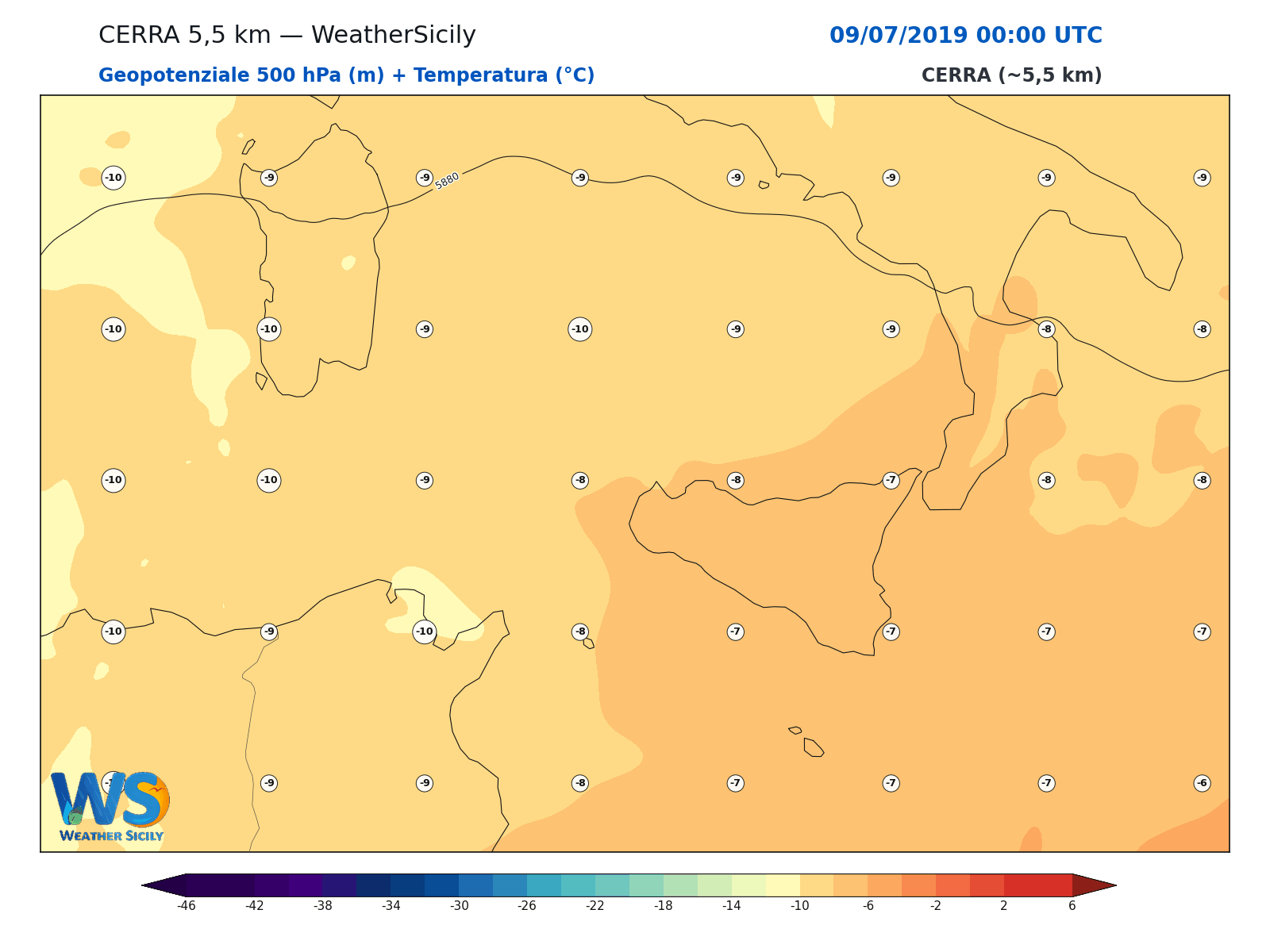 Geopotenziale 500 hPa + Temperatura · 2019070900