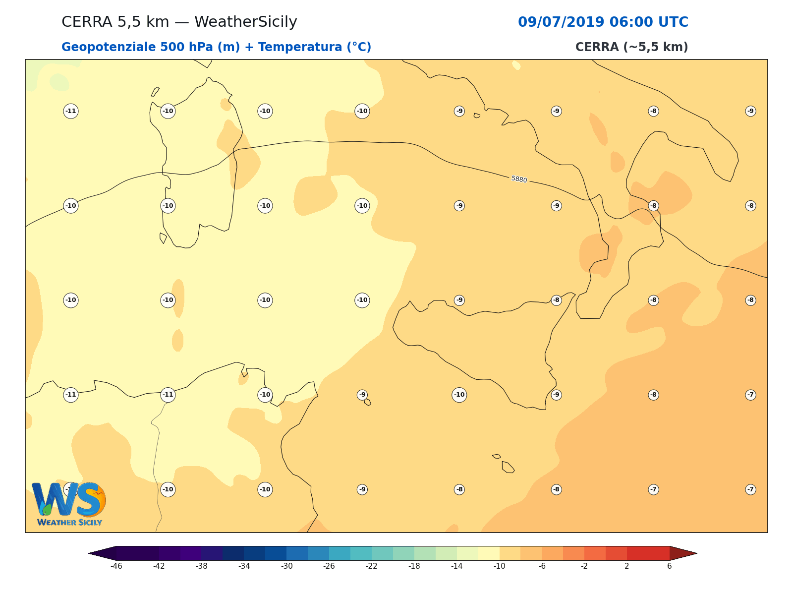 Geopotenziale 500 hPa + Temperatura · 2019070906