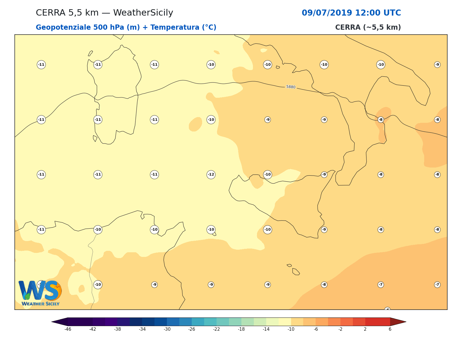 Geopotenziale 500 hPa + Temperatura · 2019070912