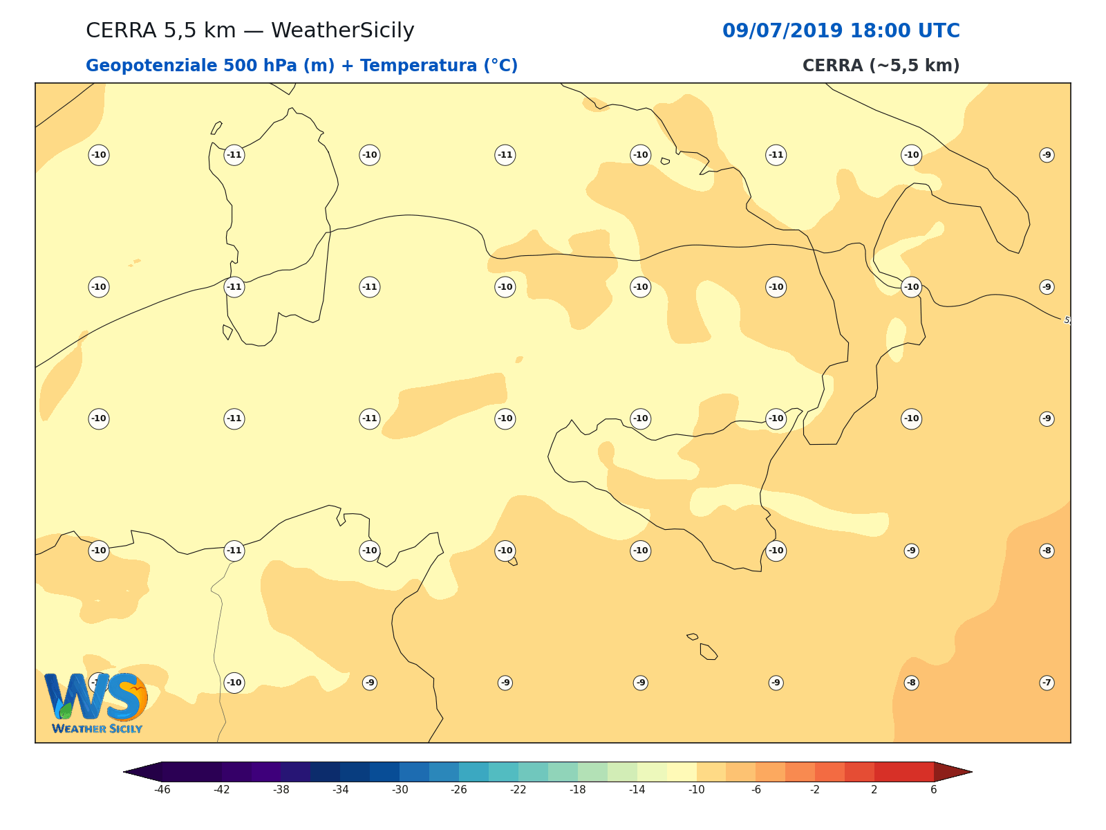 Geopotenziale 500 hPa + Temperatura · 2019070918