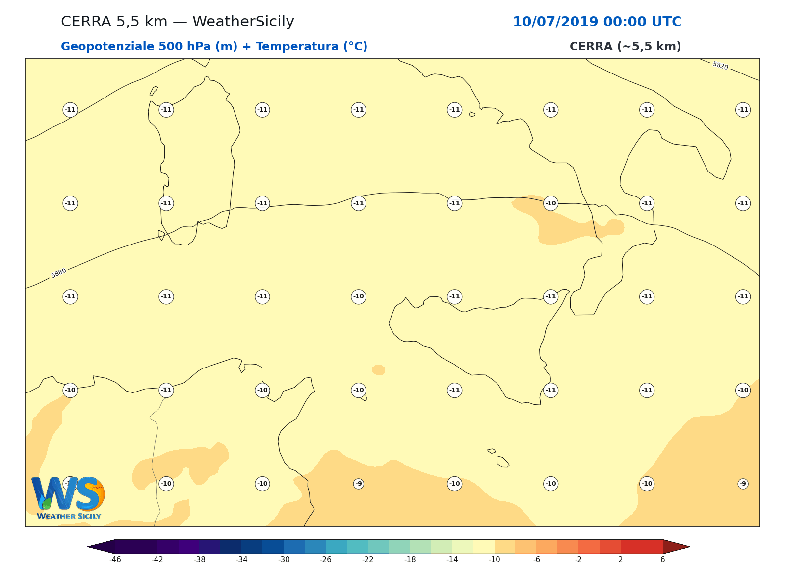 Geopotenziale 500 hPa + Temperatura · 2019071000