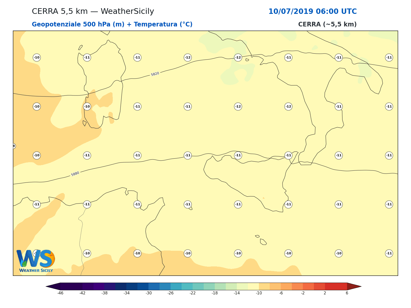Geopotenziale 500 hPa + Temperatura · 2019071006