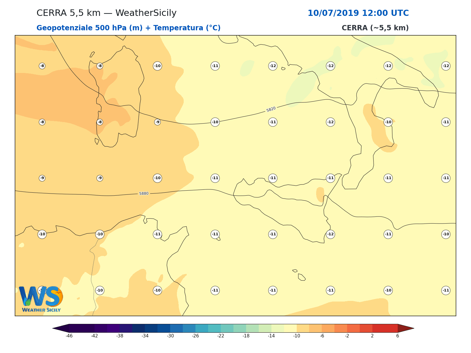 Geopotenziale 500 hPa + Temperatura · 2019071012