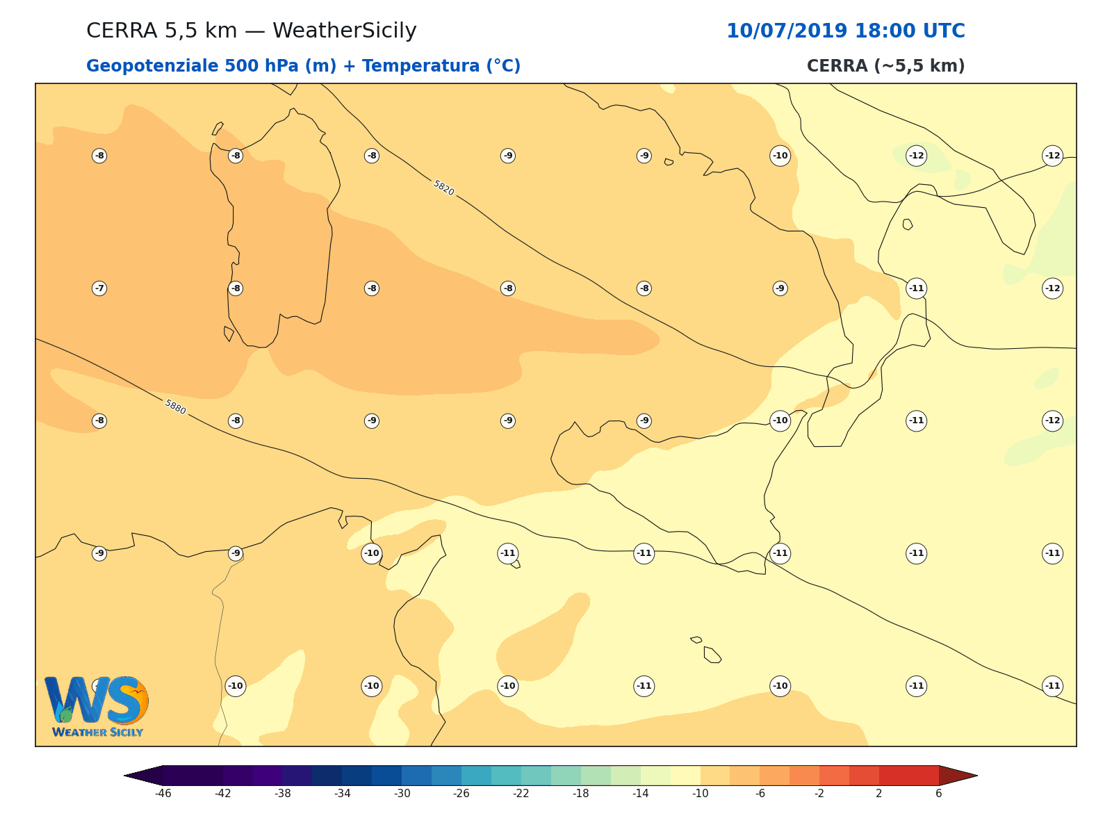 Geopotenziale 500 hPa + Temperatura · 2019071018