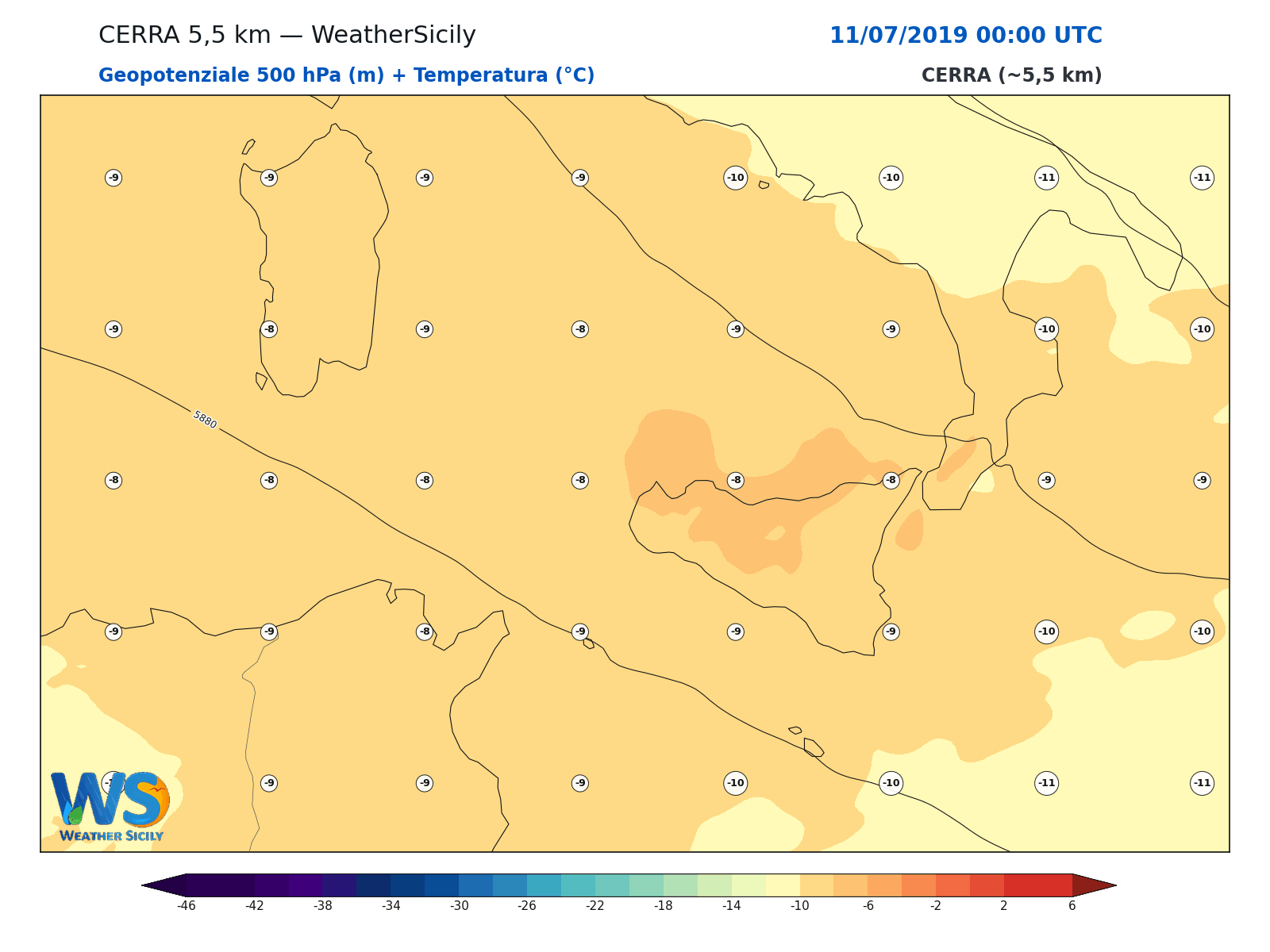Geopotenziale 500 hPa + Temperatura · 2019071100