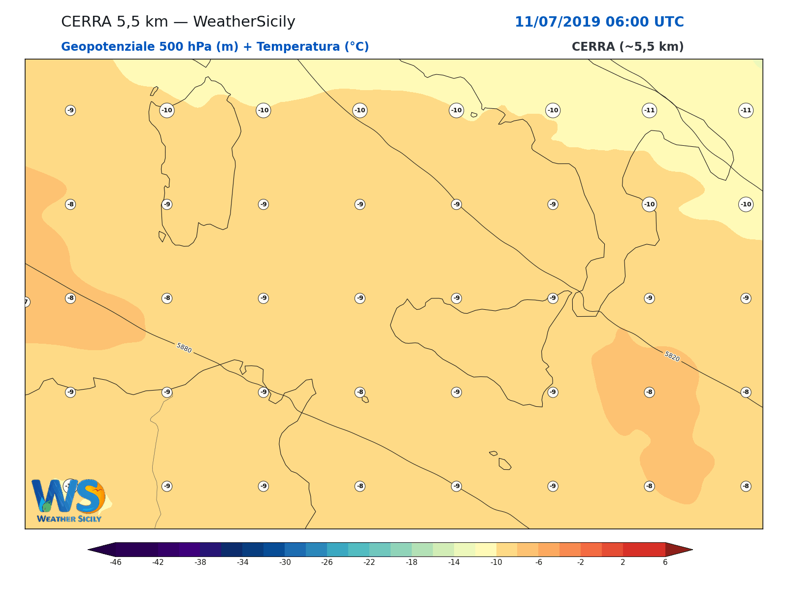 Geopotenziale 500 hPa + Temperatura · 2019071106