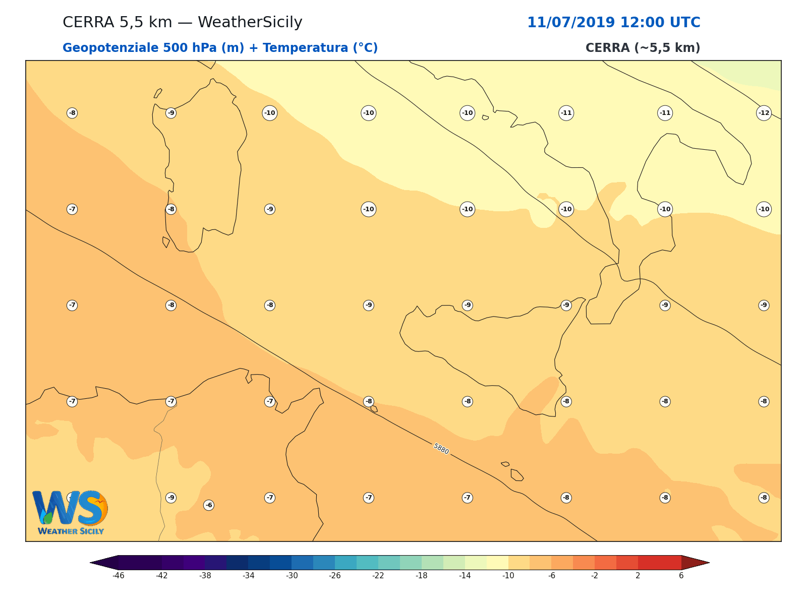 Geopotenziale 500 hPa + Temperatura · 2019071112