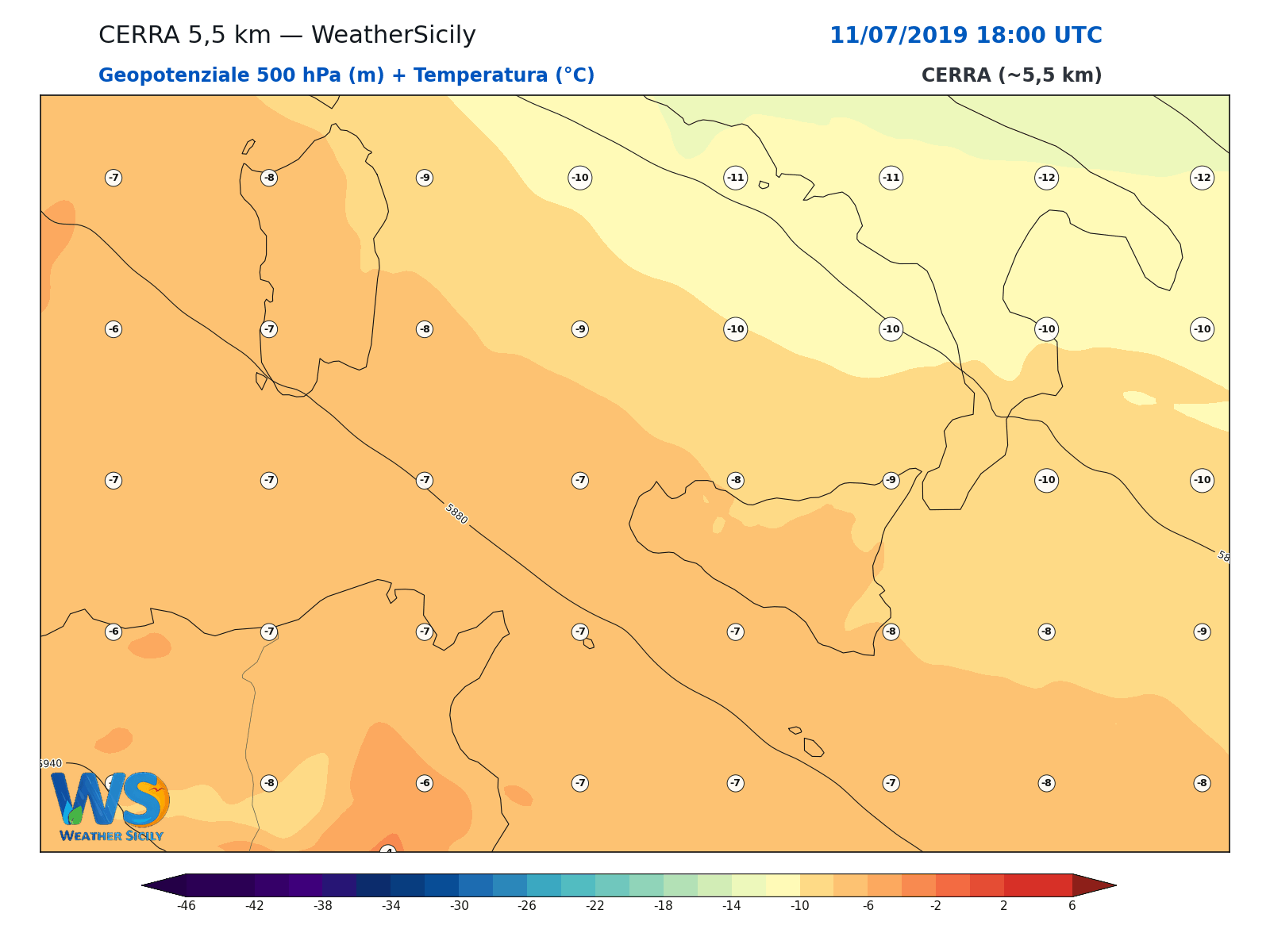 Geopotenziale 500 hPa + Temperatura · 2019071118