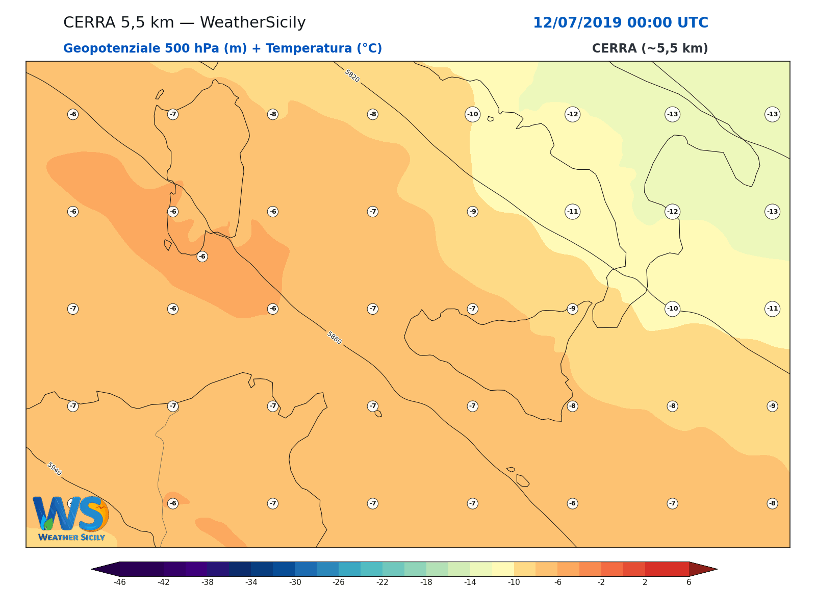 Geopotenziale 500 hPa + Temperatura · 2019071200