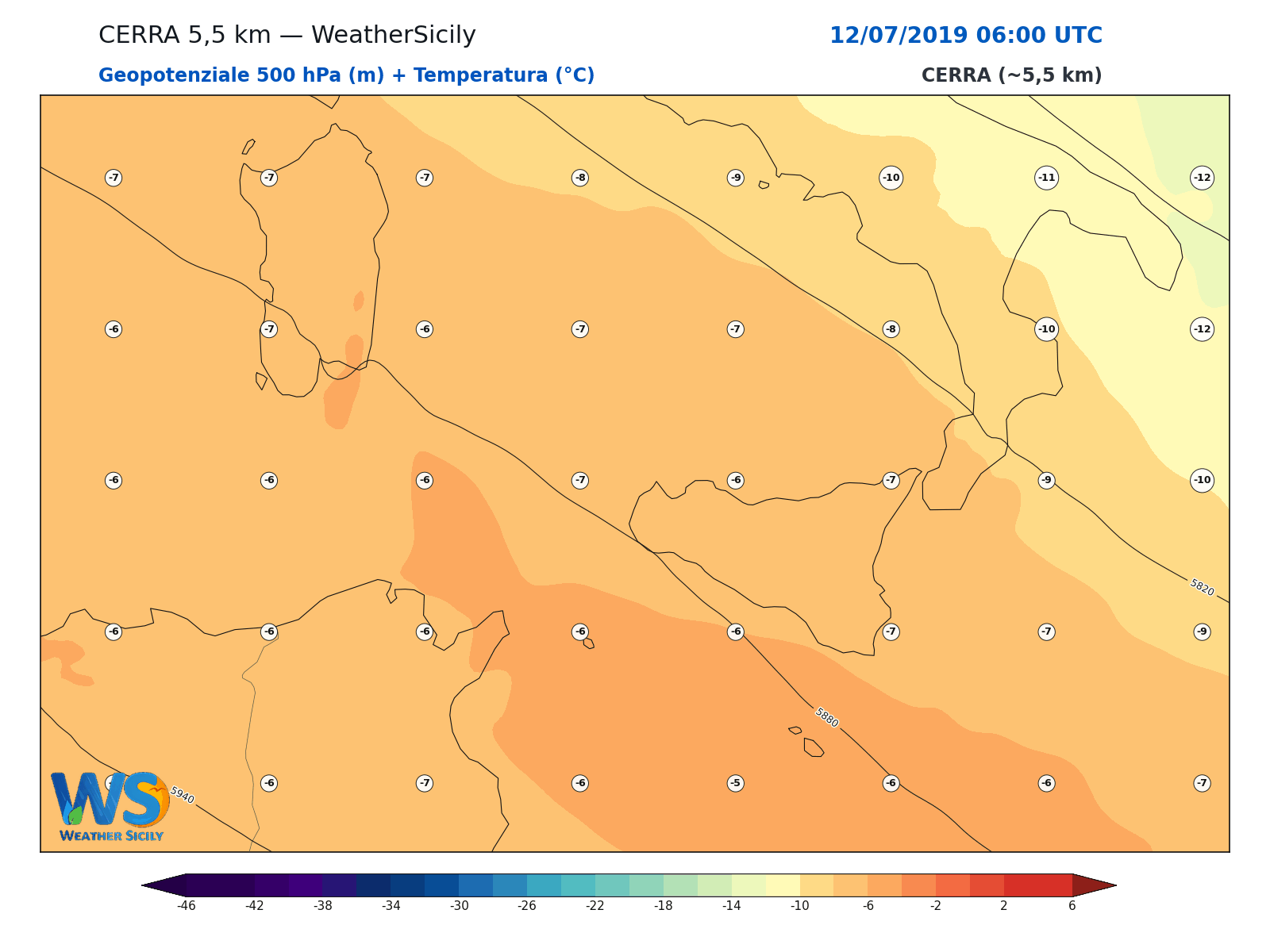 Geopotenziale 500 hPa + Temperatura · 2019071206