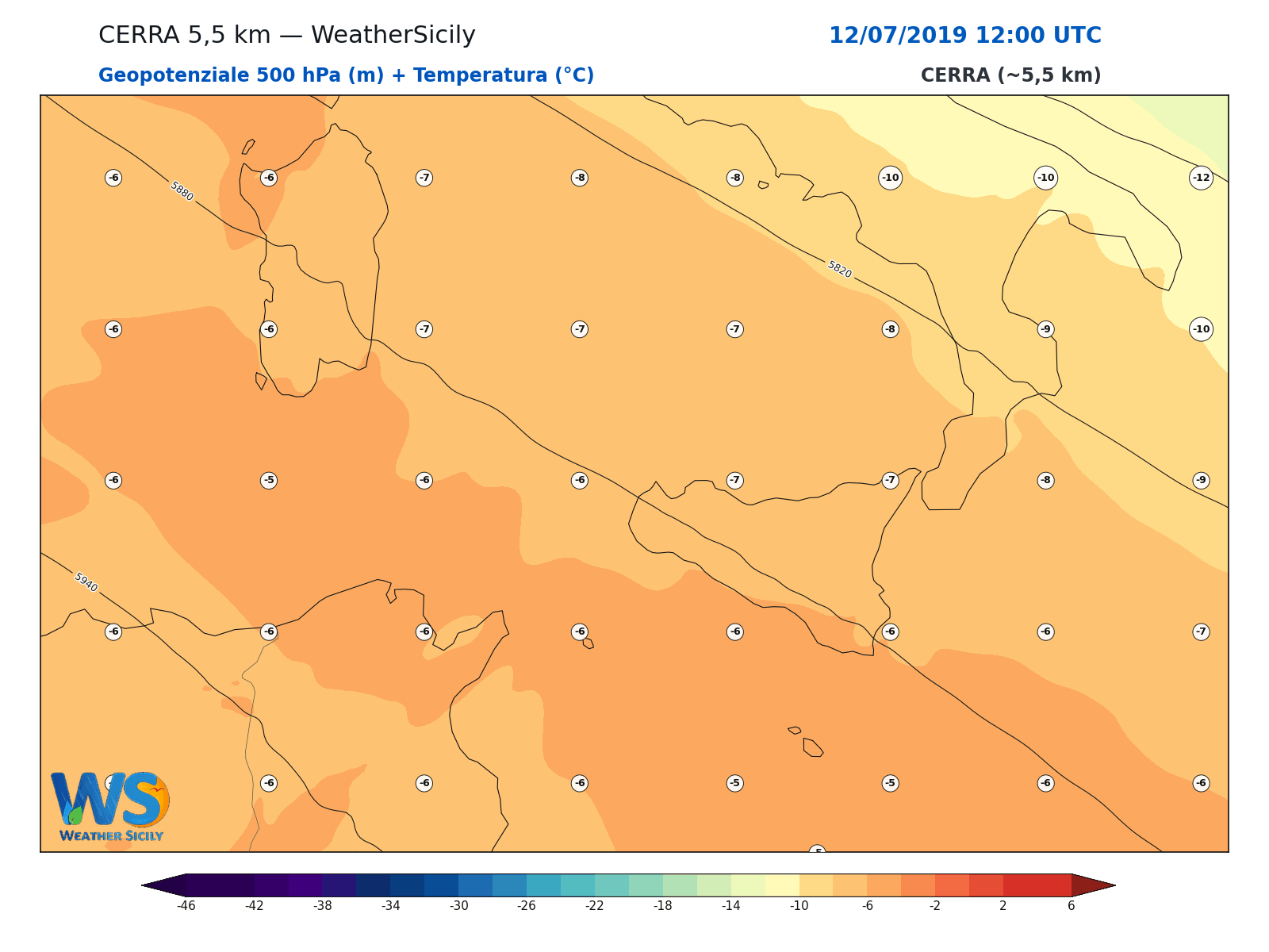 Geopotenziale 500 hPa + Temperatura · 2019071212