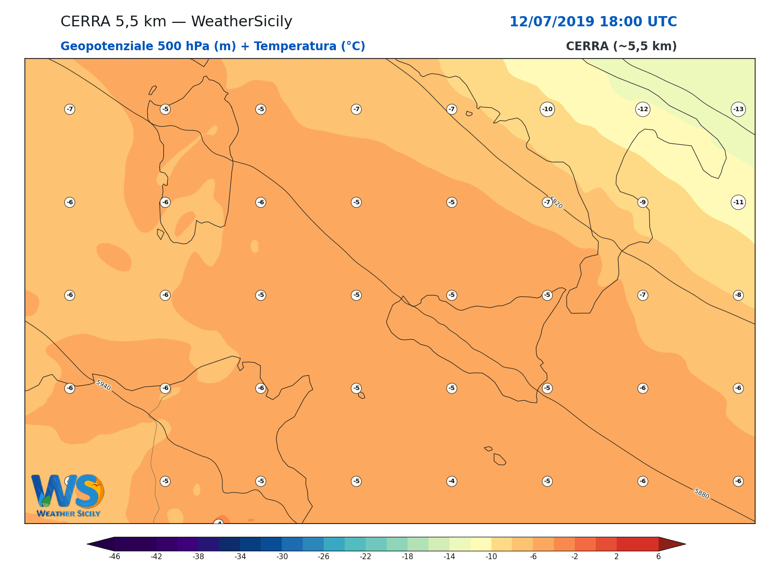 Geopotenziale 500 hPa + Temperatura · 2019071218