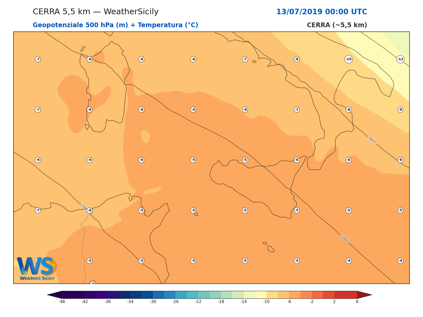 Geopotenziale 500 hPa + Temperatura · 2019071300