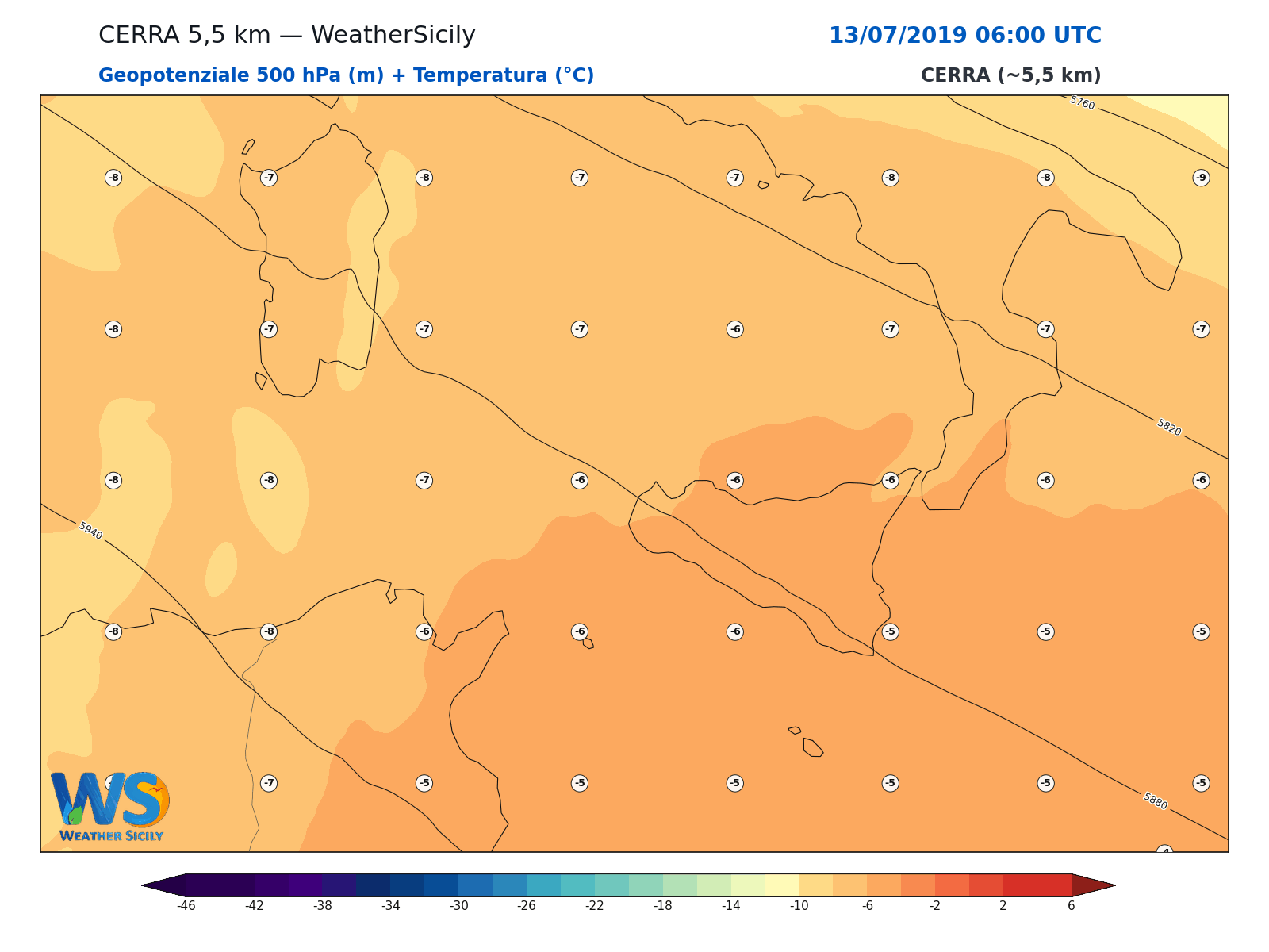 Geopotenziale 500 hPa + Temperatura · 2019071306