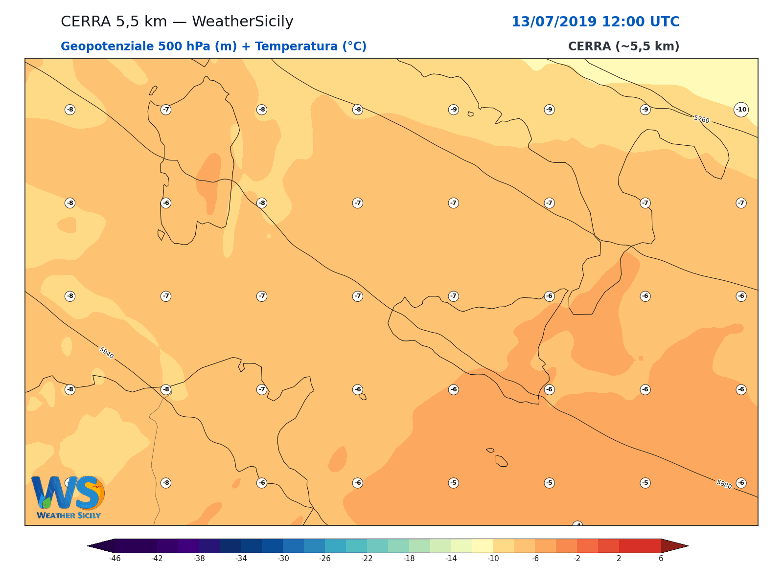 Geopotenziale 500 hPa + Temperatura · 2019071312