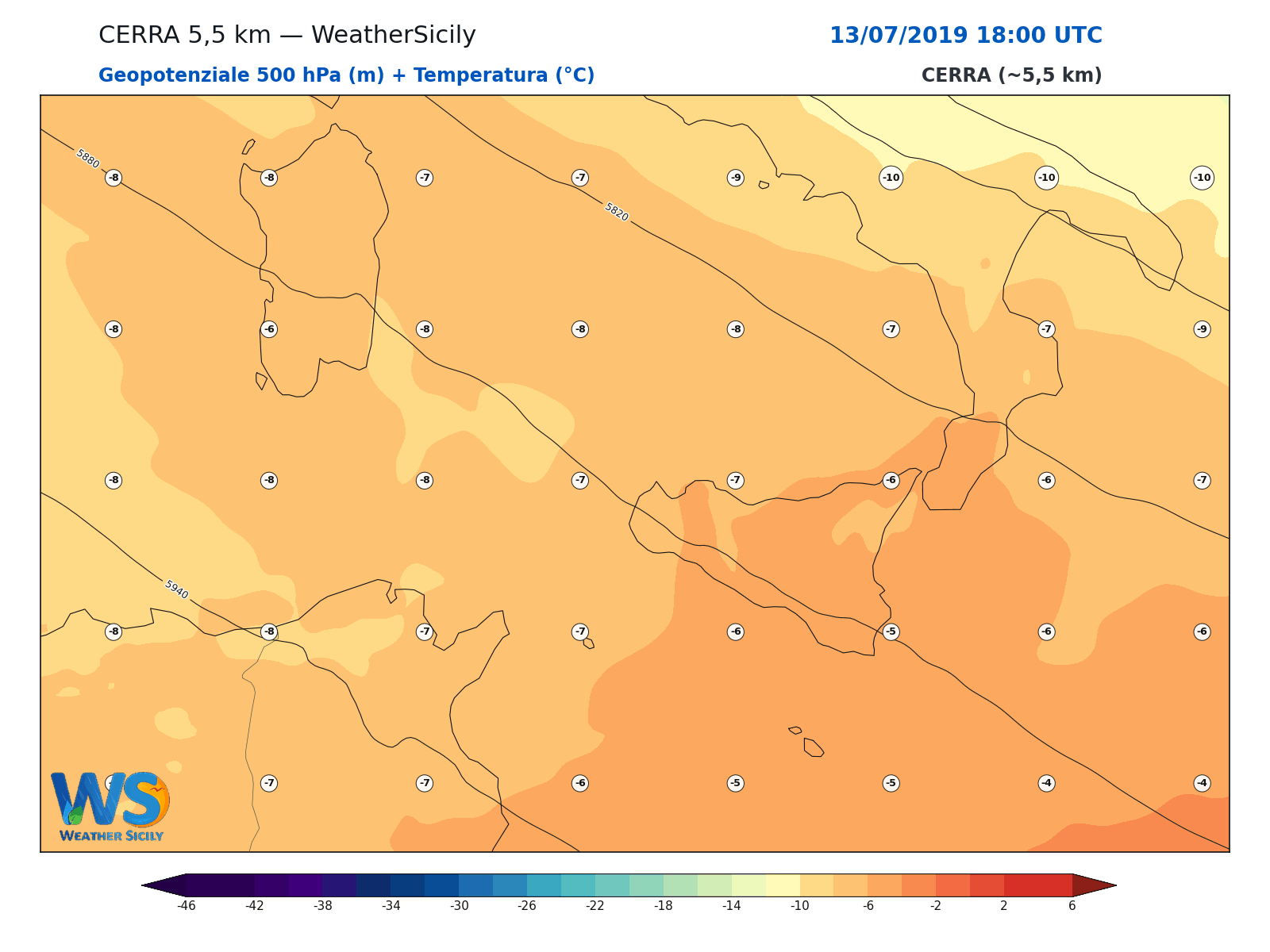 Geopotenziale 500 hPa + Temperatura · 2019071318