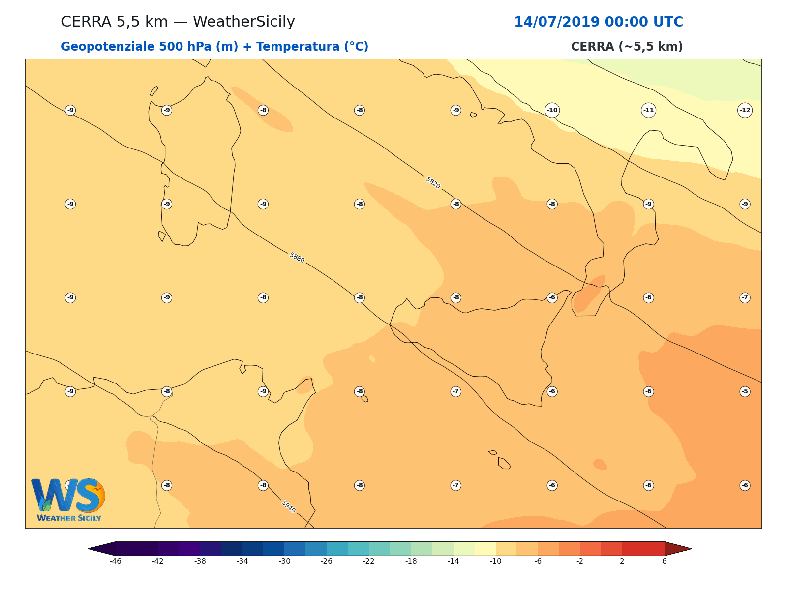Geopotenziale 500 hPa + Temperatura · 2019071400