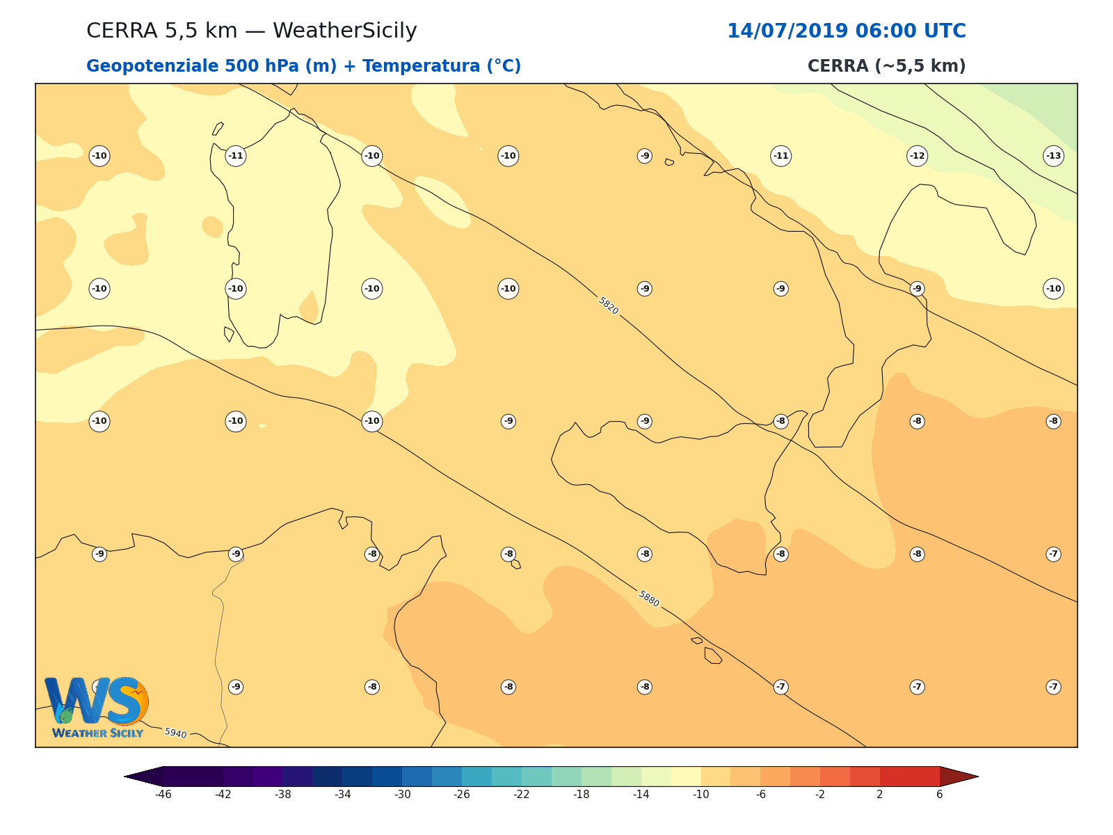 Geopotenziale 500 hPa + Temperatura · 2019071406