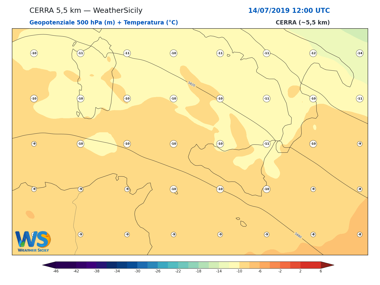 Geopotenziale 500 hPa + Temperatura · 2019071412