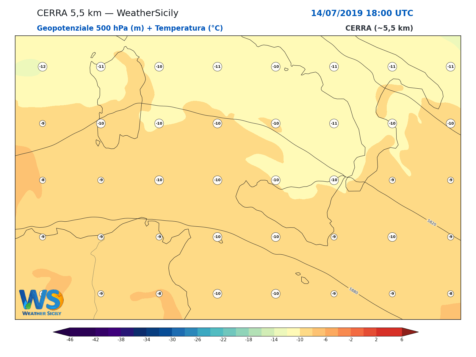 Geopotenziale 500 hPa + Temperatura · 2019071418