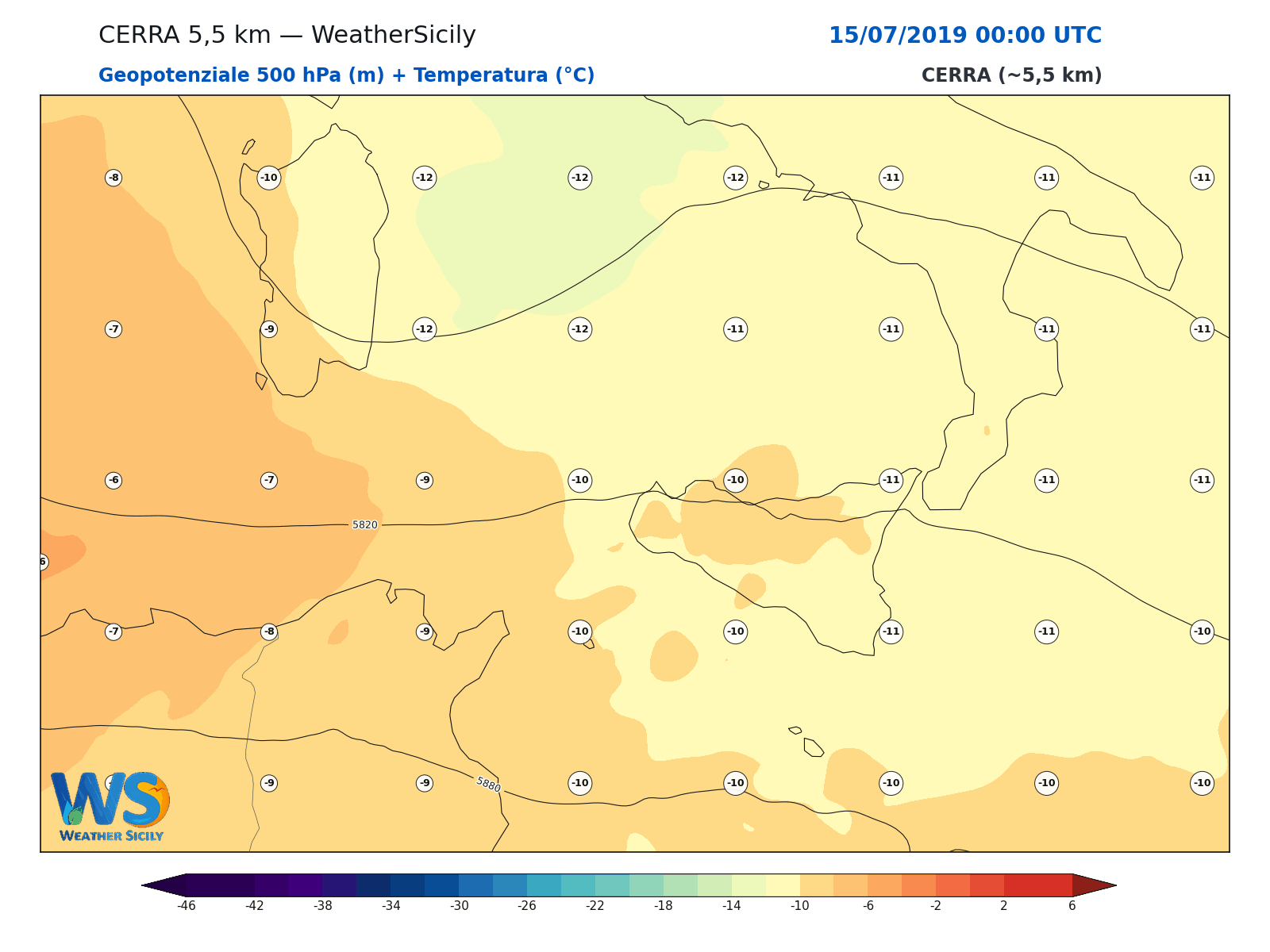 Geopotenziale 500 hPa + Temperatura · 2019071500