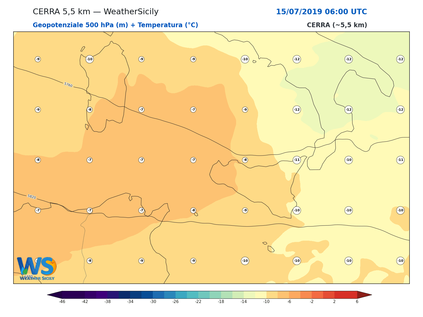 Geopotenziale 500 hPa + Temperatura · 2019071506