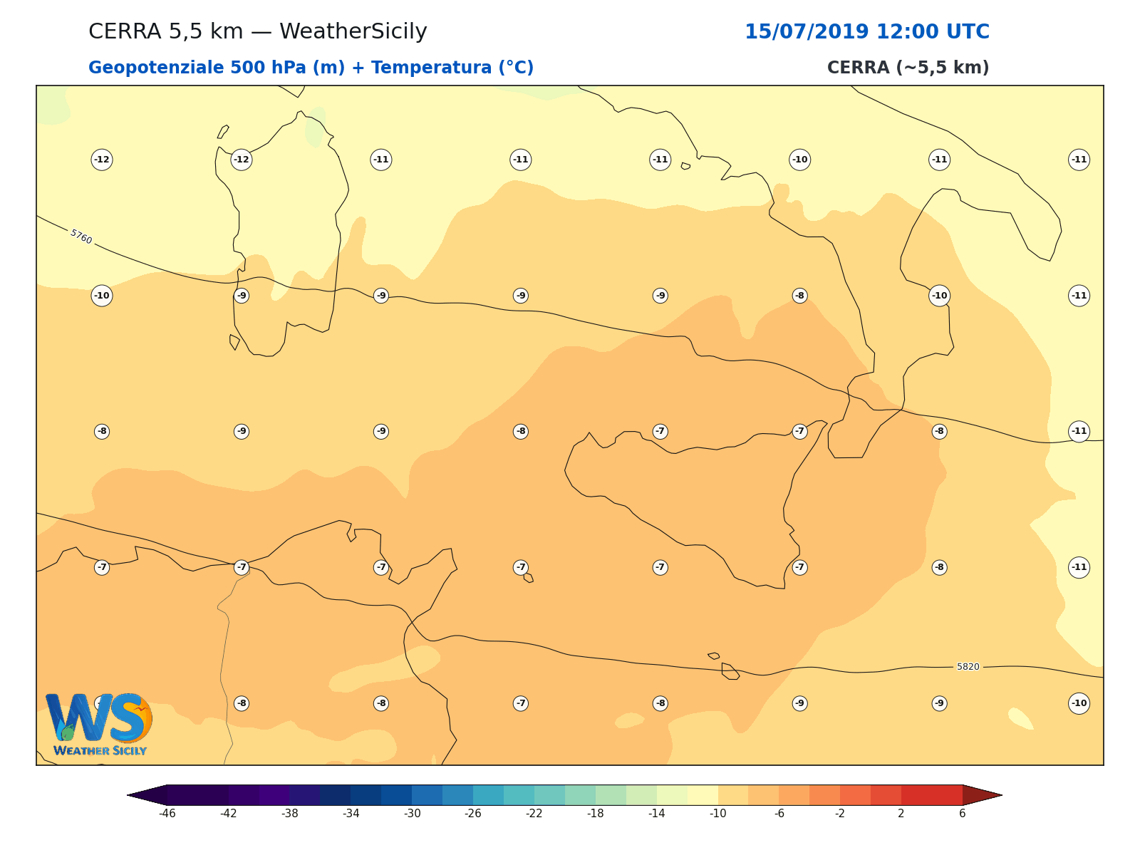 Geopotenziale 500 hPa + Temperatura · 2019071512