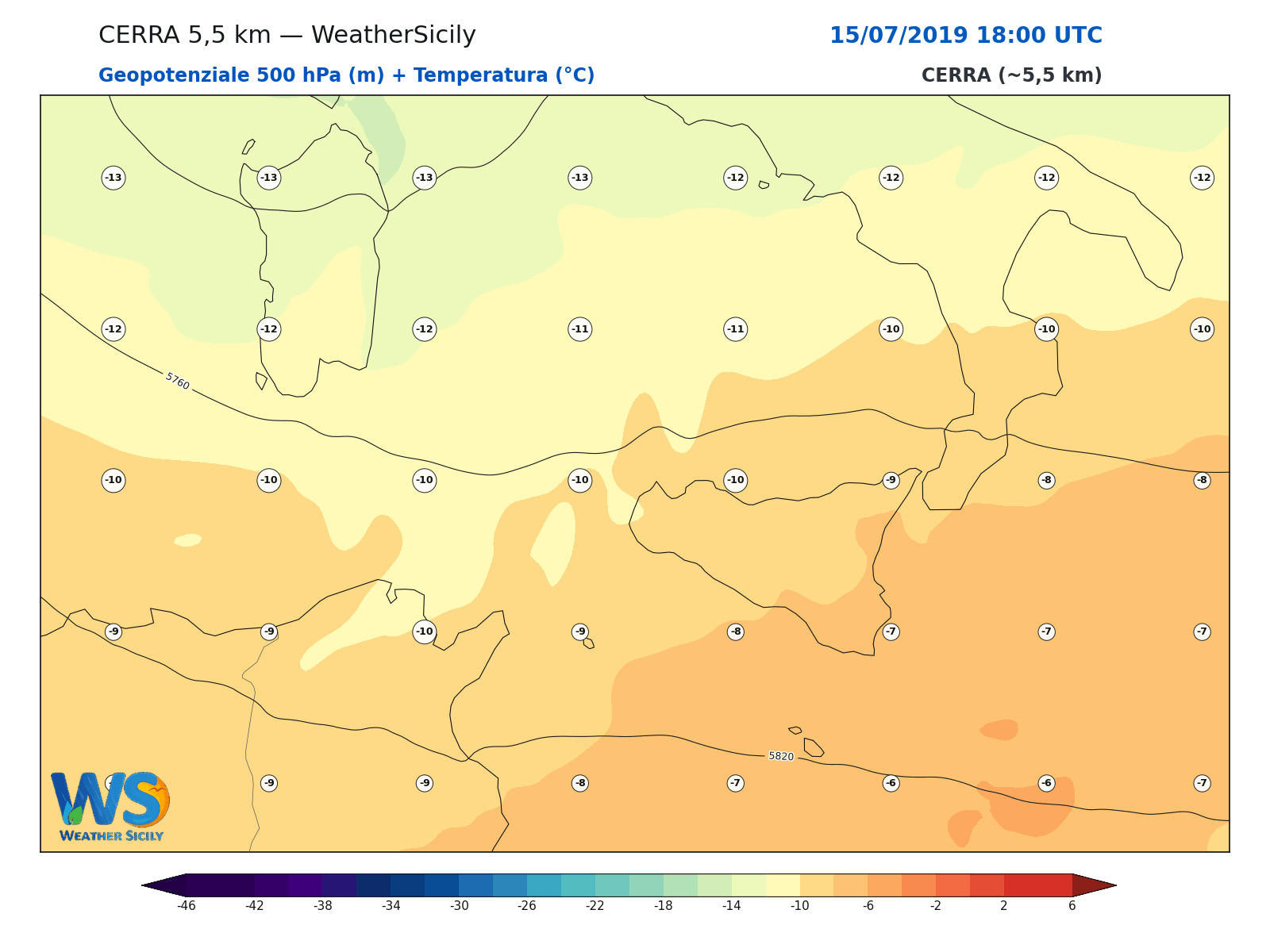 Geopotenziale 500 hPa + Temperatura · 2019071518
