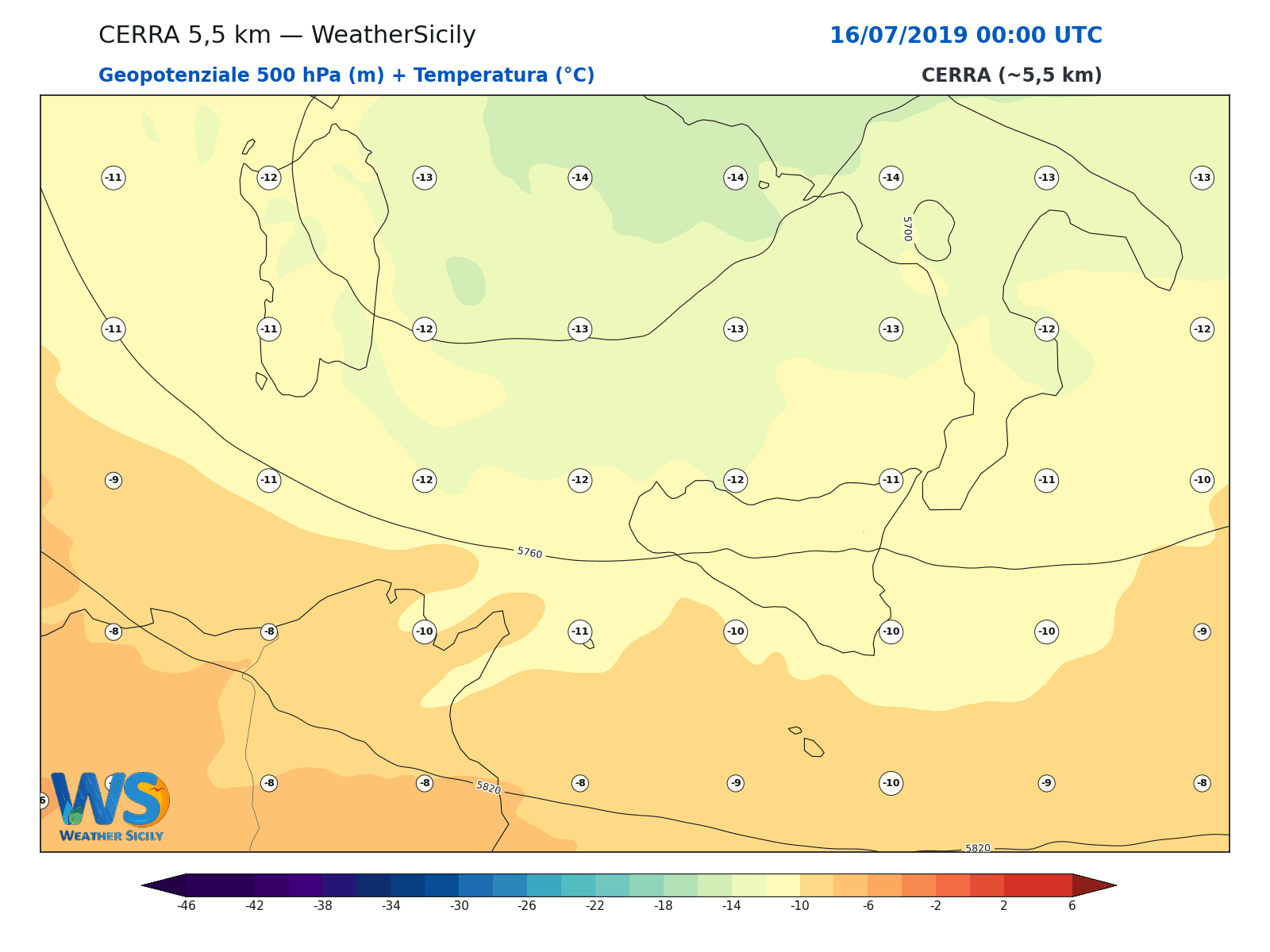 Geopotenziale 500 hPa + Temperatura · 2019071600