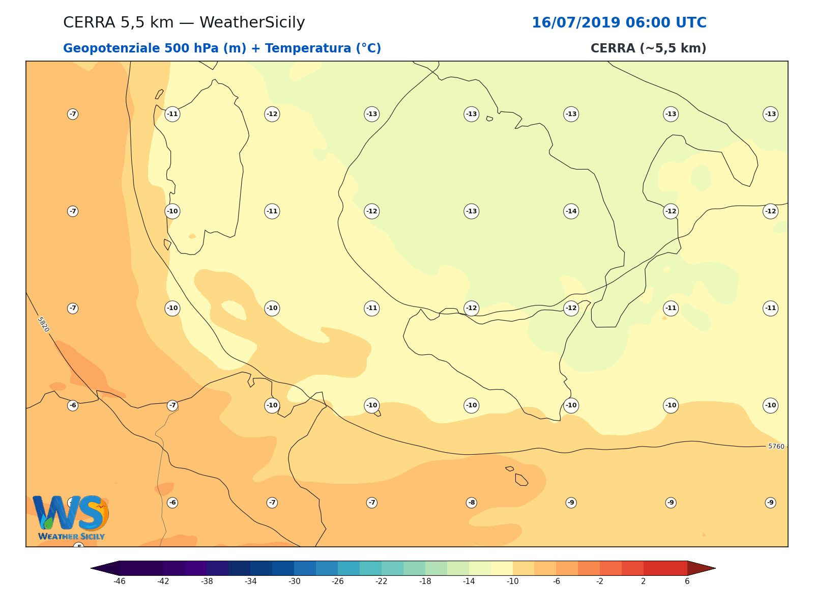 Geopotenziale 500 hPa + Temperatura · 2019071606