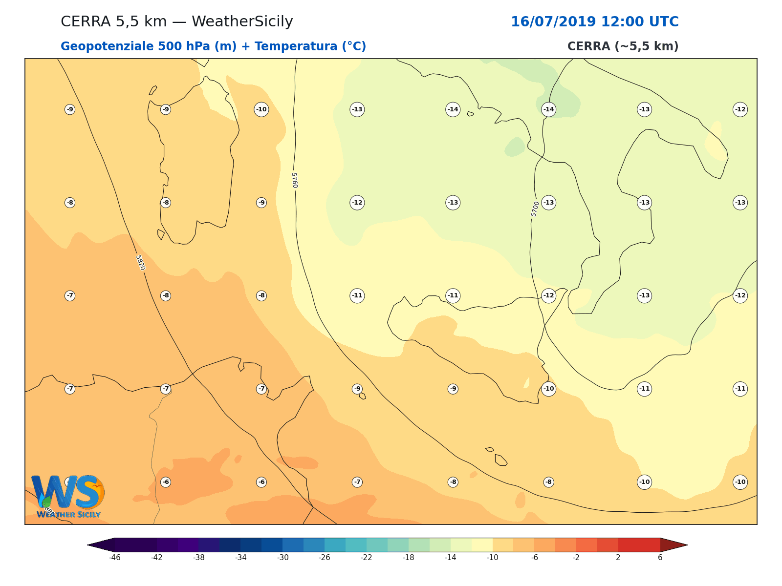 Geopotenziale 500 hPa + Temperatura · 2019071612