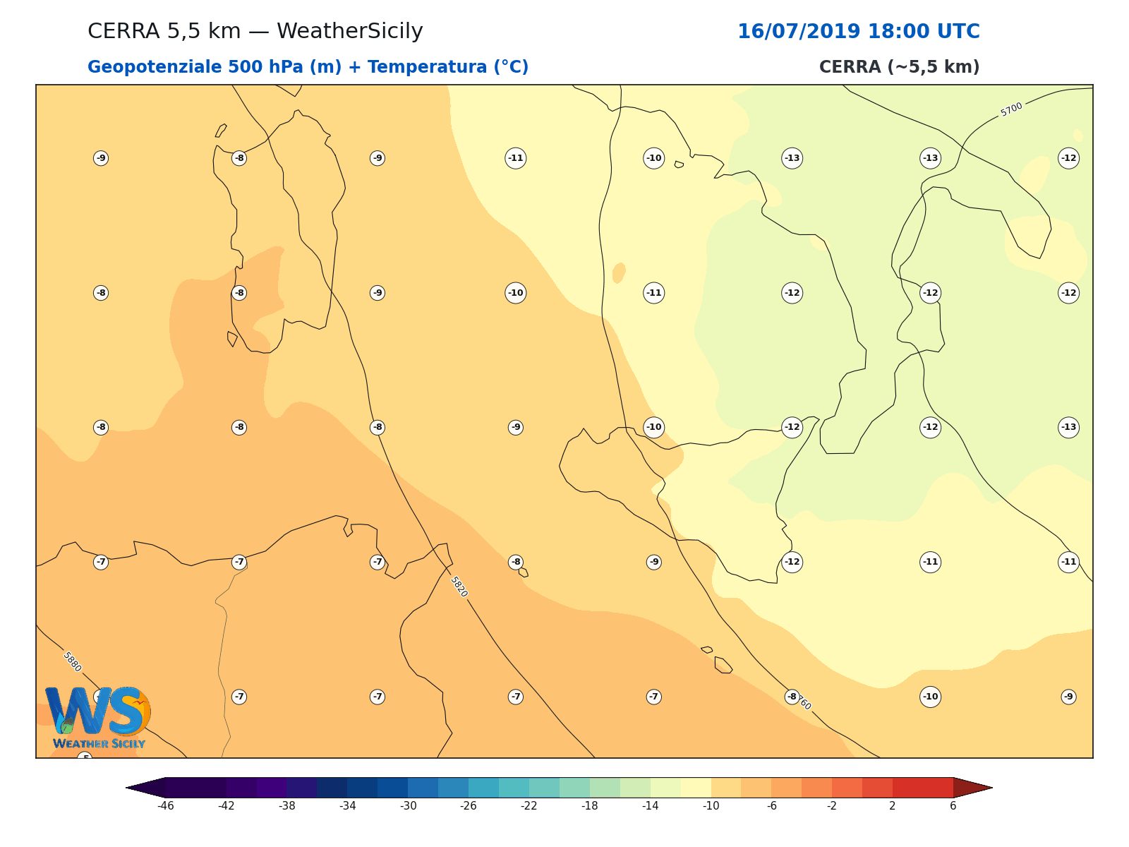 Geopotenziale 500 hPa + Temperatura · 2019071618