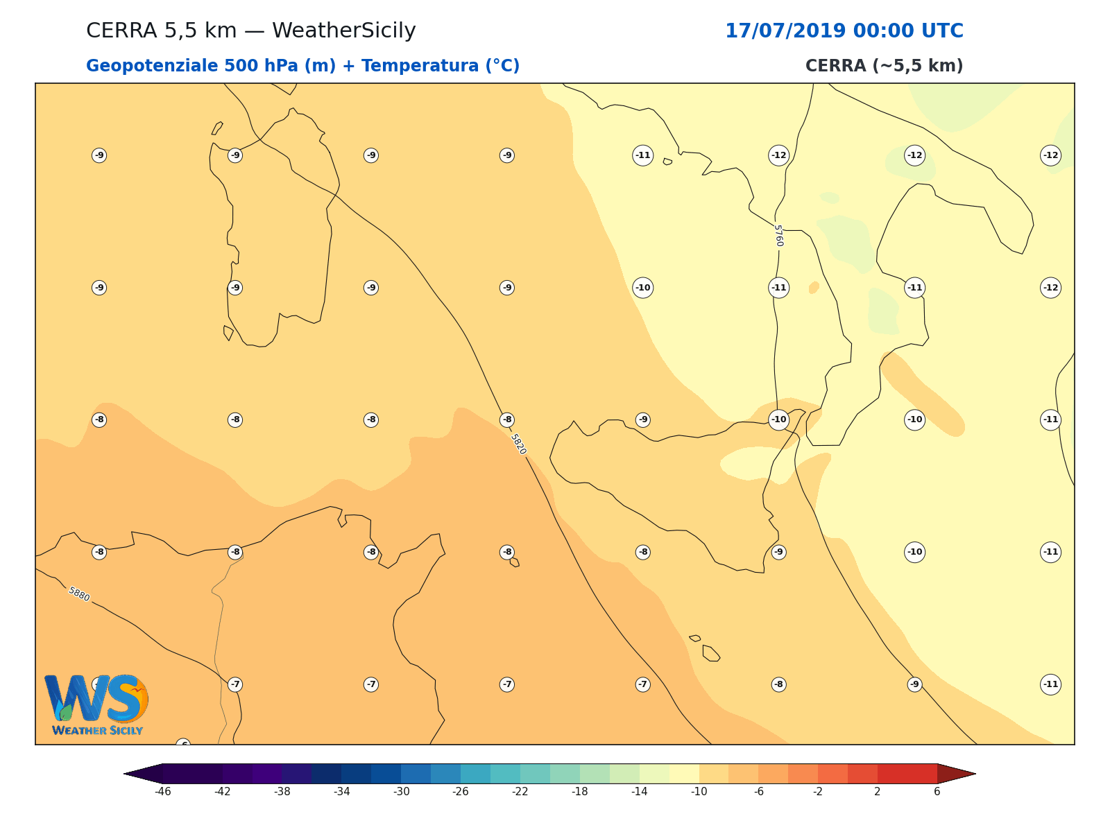 Geopotenziale 500 hPa + Temperatura · 2019071700